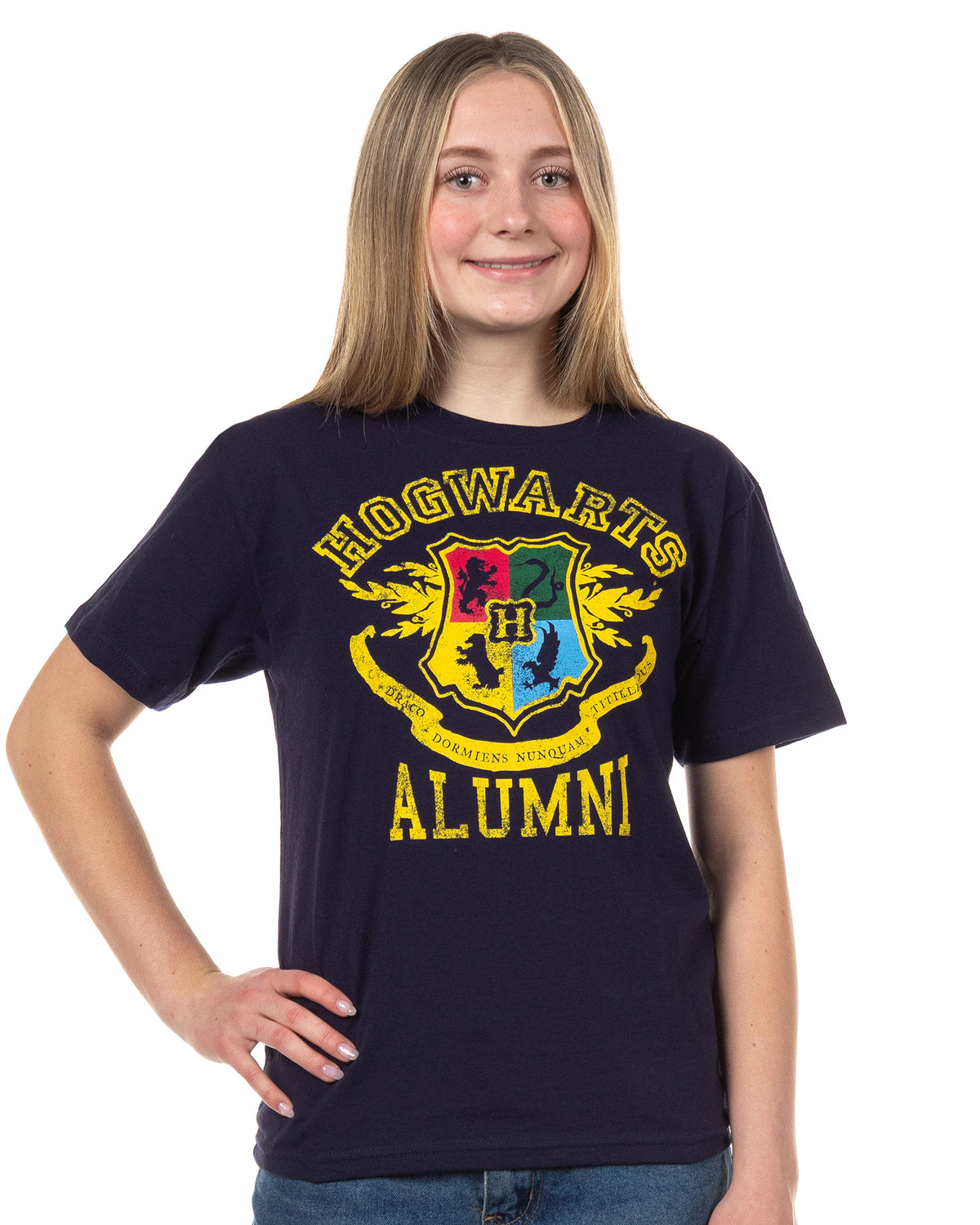 Harry Potter T-Shirt Women's Juniors Hogwarts Alumni Crest Distressed Design Tee