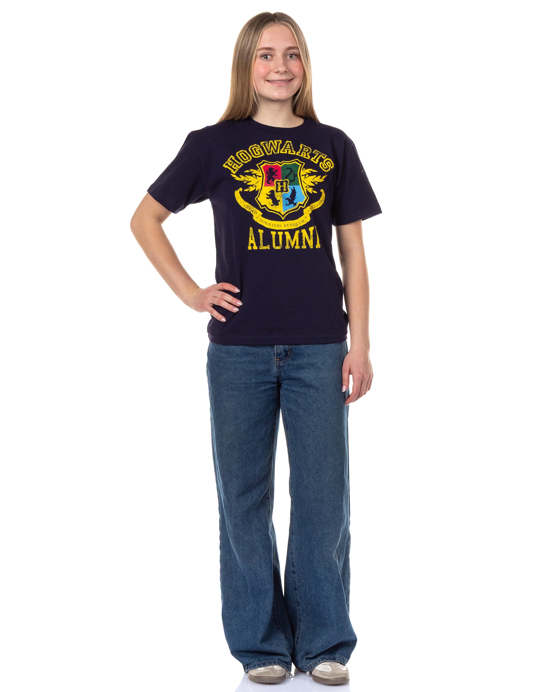 Harry Potter T-Shirt Women's Juniors Hogwarts Alumni Crest Distressed Design Tee