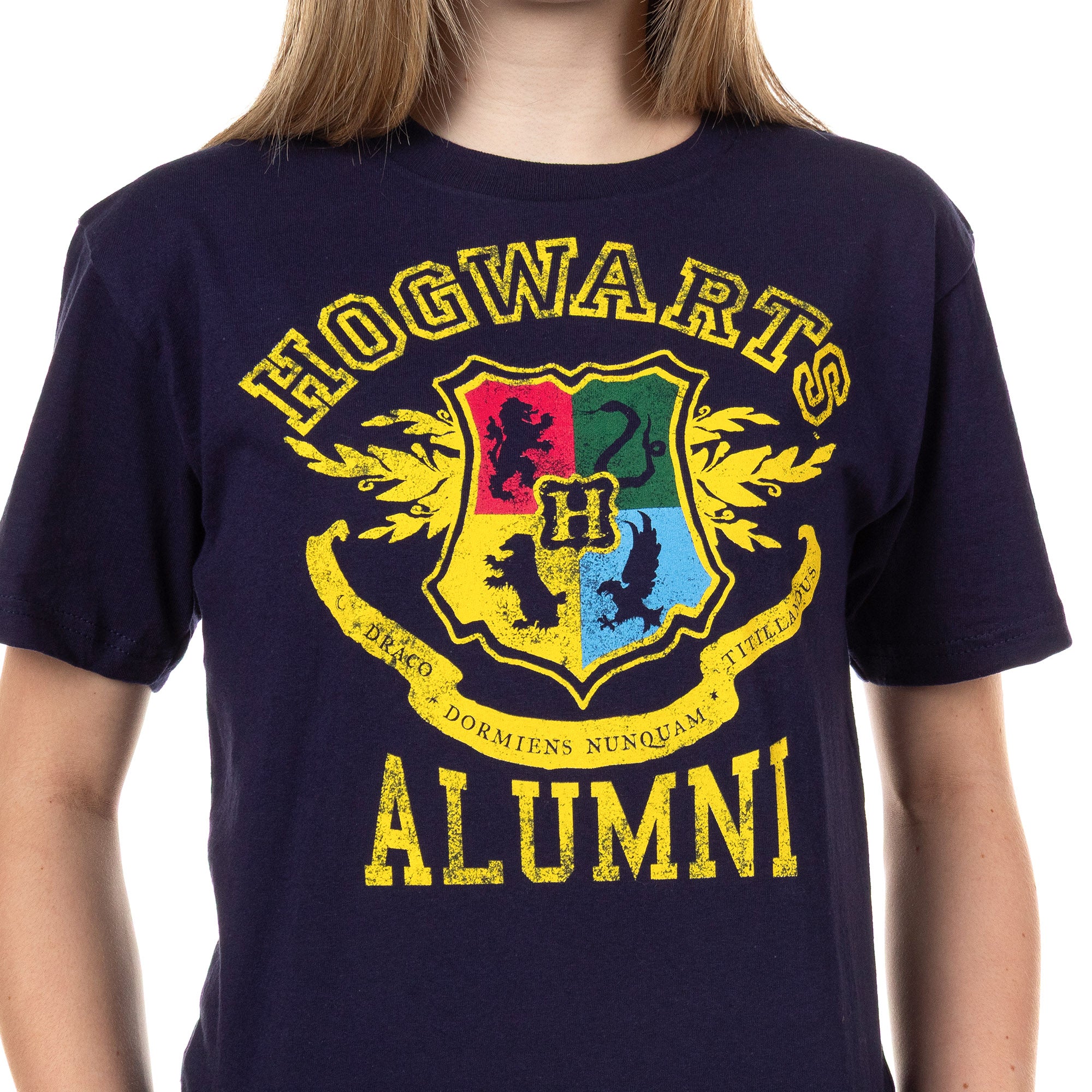 Harry Potter T-Shirt Women's Juniors Hogwarts Alumni Crest Distressed Design Tee