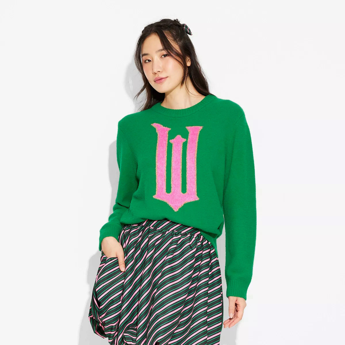 Wicked Sweater Women's W Logo Design Ribbed Pullover Knit Crewneck