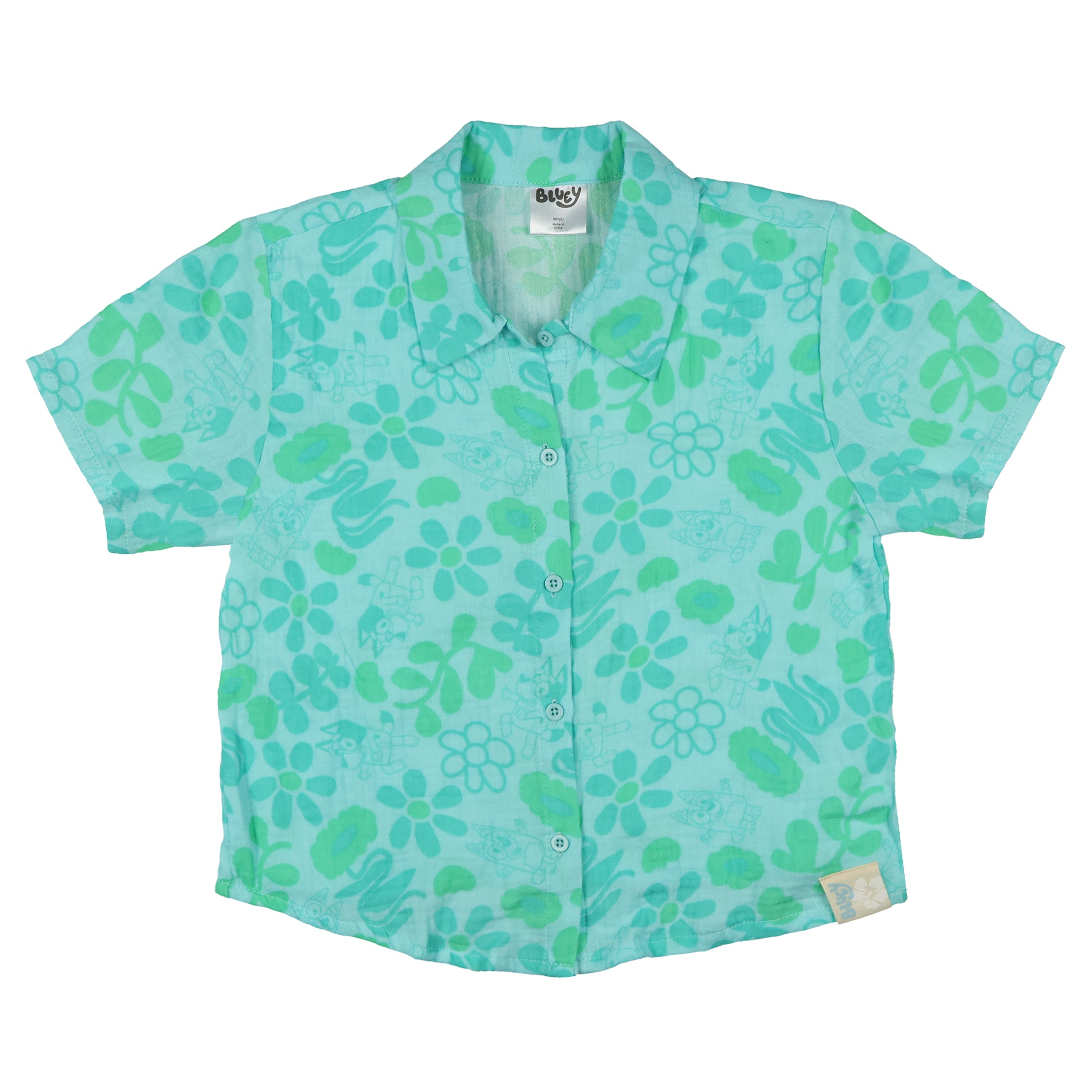 Mad Engine Bluey Boys' Button-Up Collared T-Shirt Floral Short Sleeve