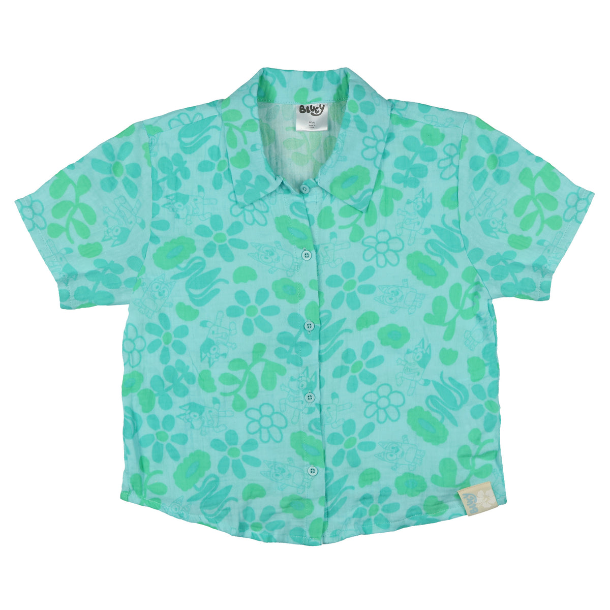 Mad Engine Bluey Boys' Button-Up Collared T-Shirt Floral Short Sleeve