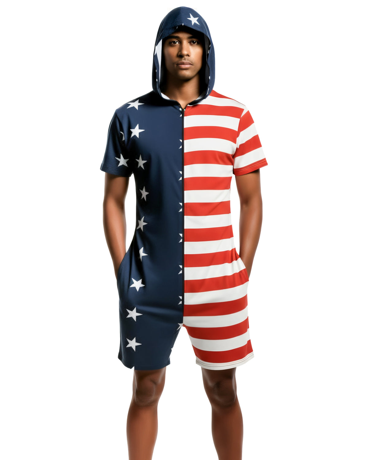 Stars And Stripes Men's Patriotic Flag One-Piece Zip Up Hooded Jumpsuit