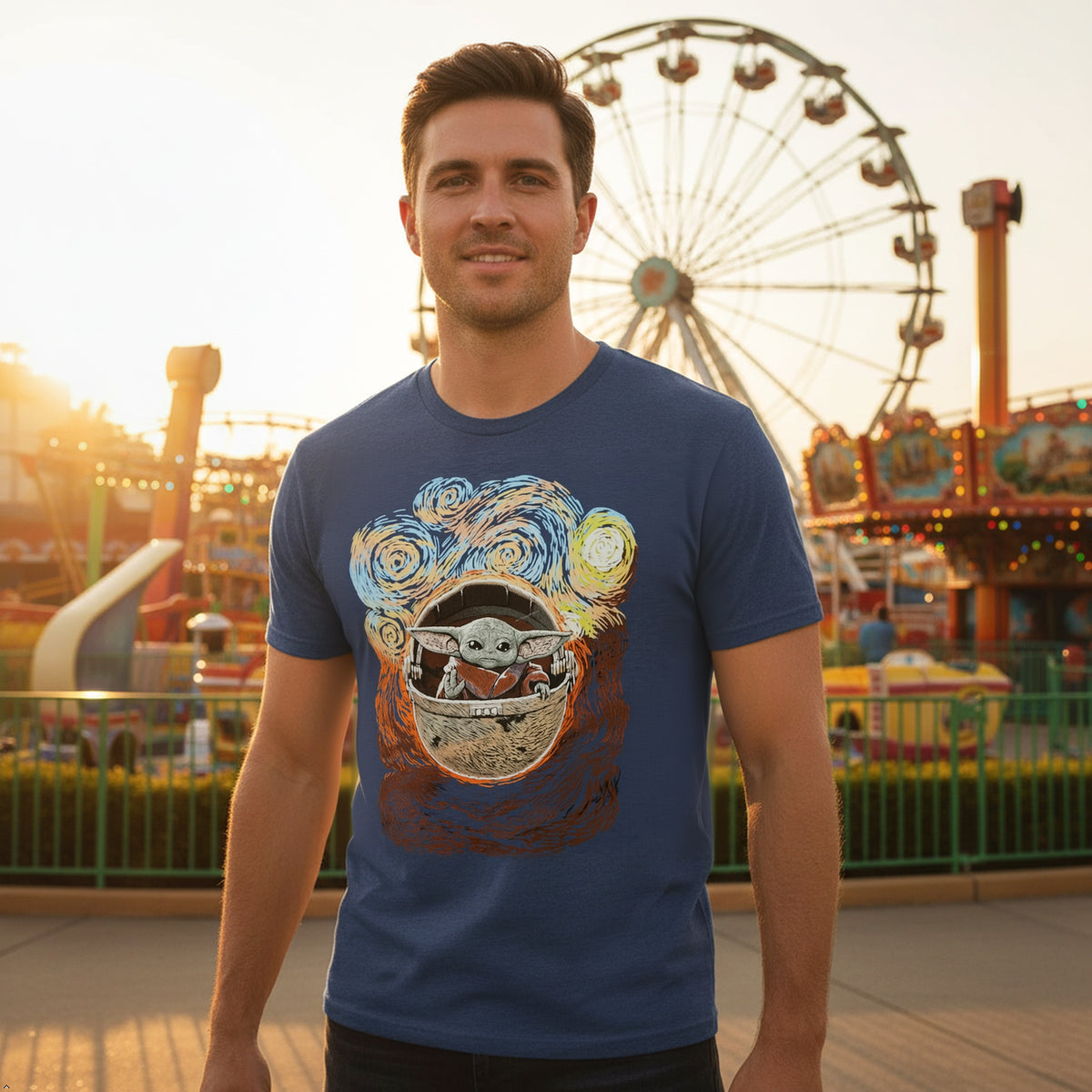 Star Wars T-Shirt Men's The Mandalorian Grogu Starry Night Short Sleeve Tee