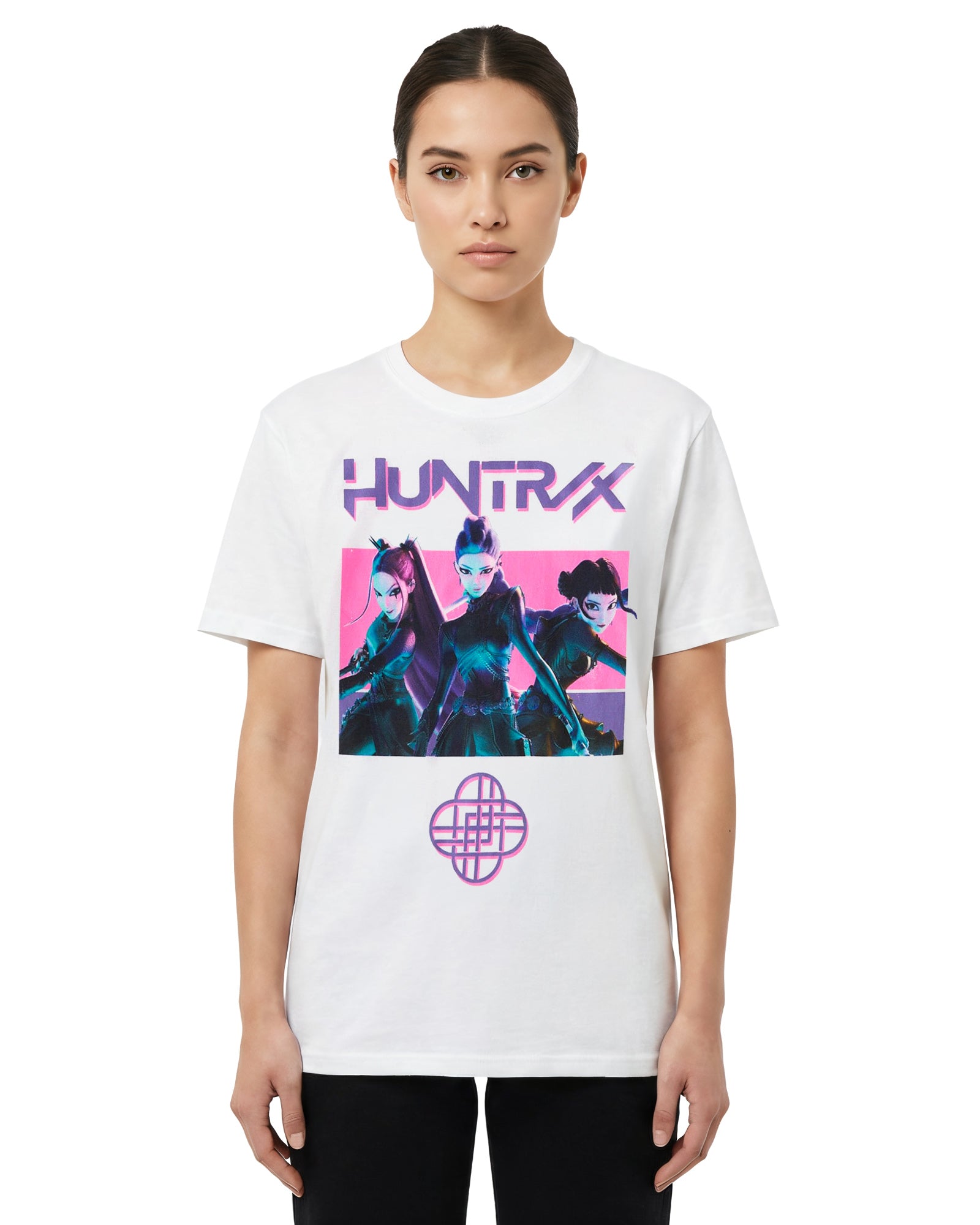 K-Pop Demon Hunters T-Shirt Women's Neon Pink Huntirx Design Graphic Tee