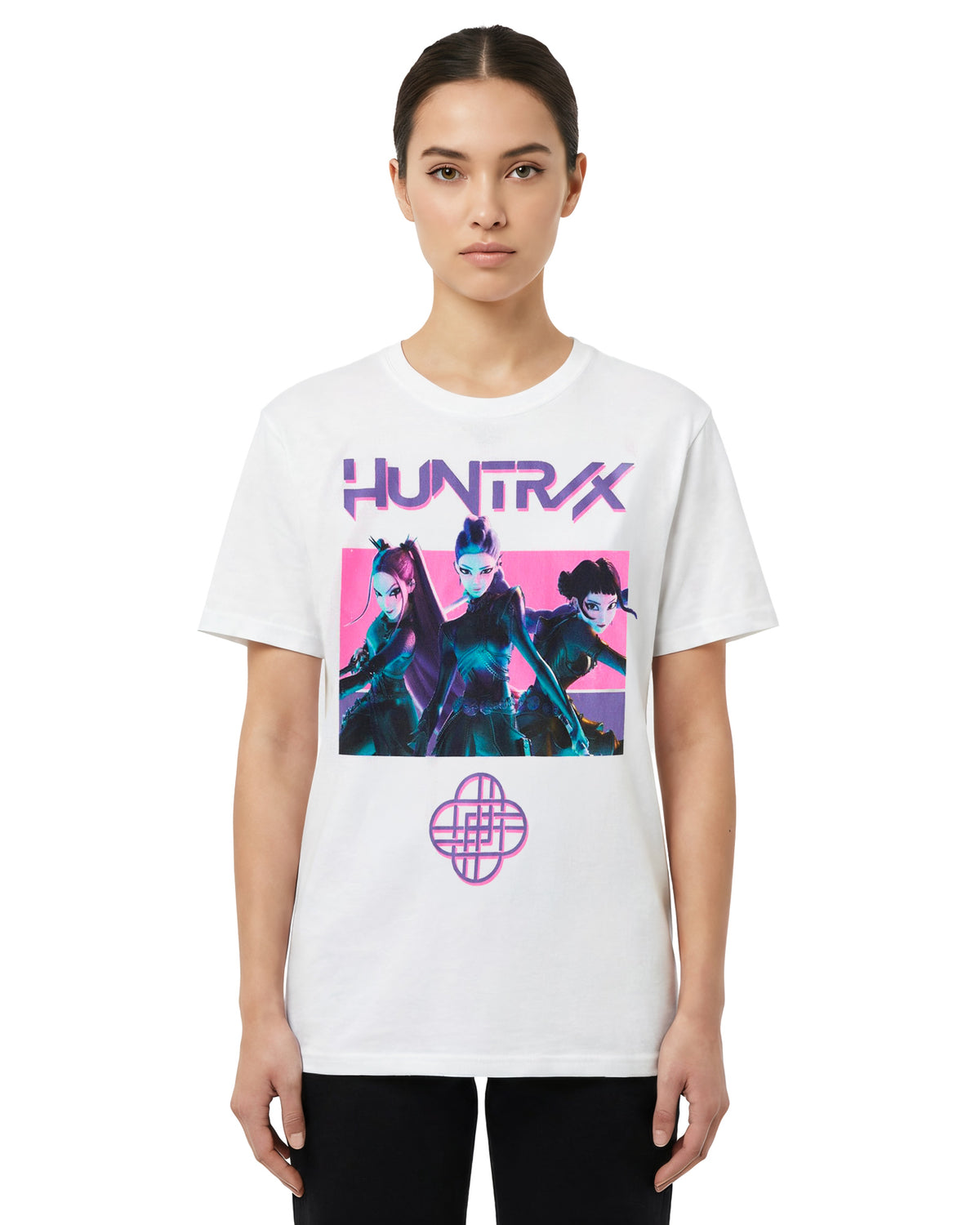 K-Pop Demon Hunters T-Shirt Women's Neon Pink Huntirx Design Graphic Tee