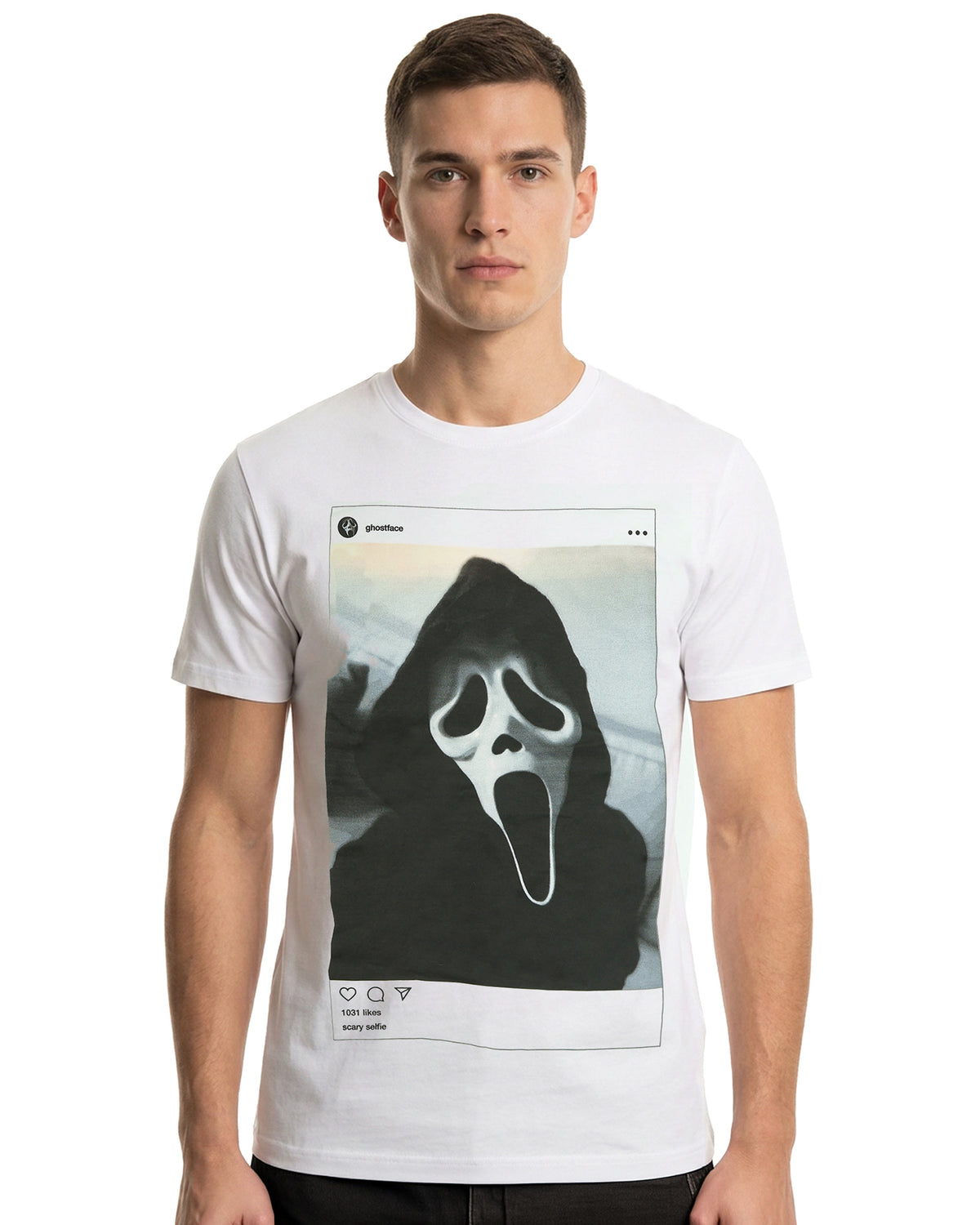 Ghost Face T-Shirt Men's Scary Selfie Short Sleeve Graphic Tee