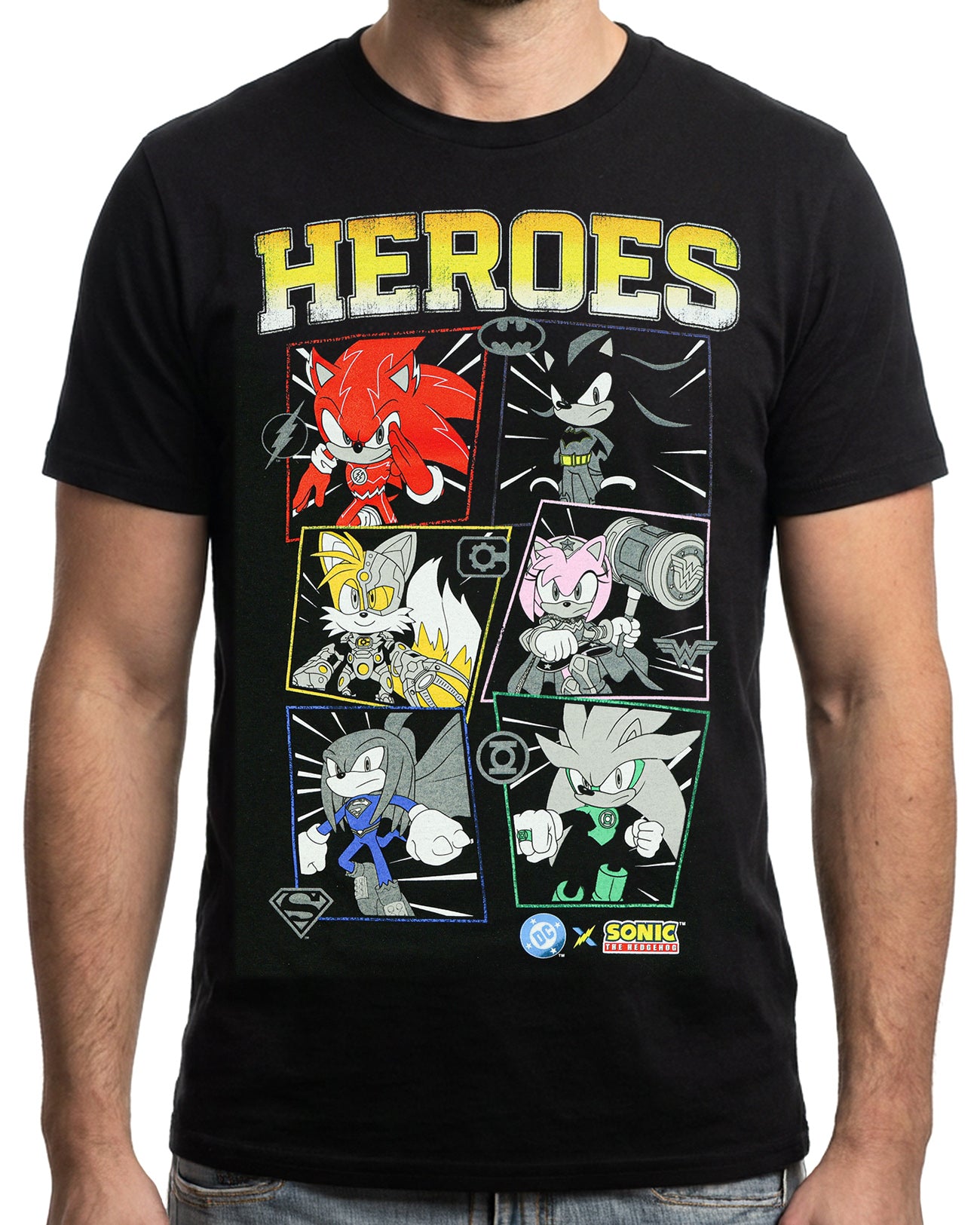DC X Sonic The Hedgehog Men's T-Shirt Heroes Comic Panel Distressed Tee