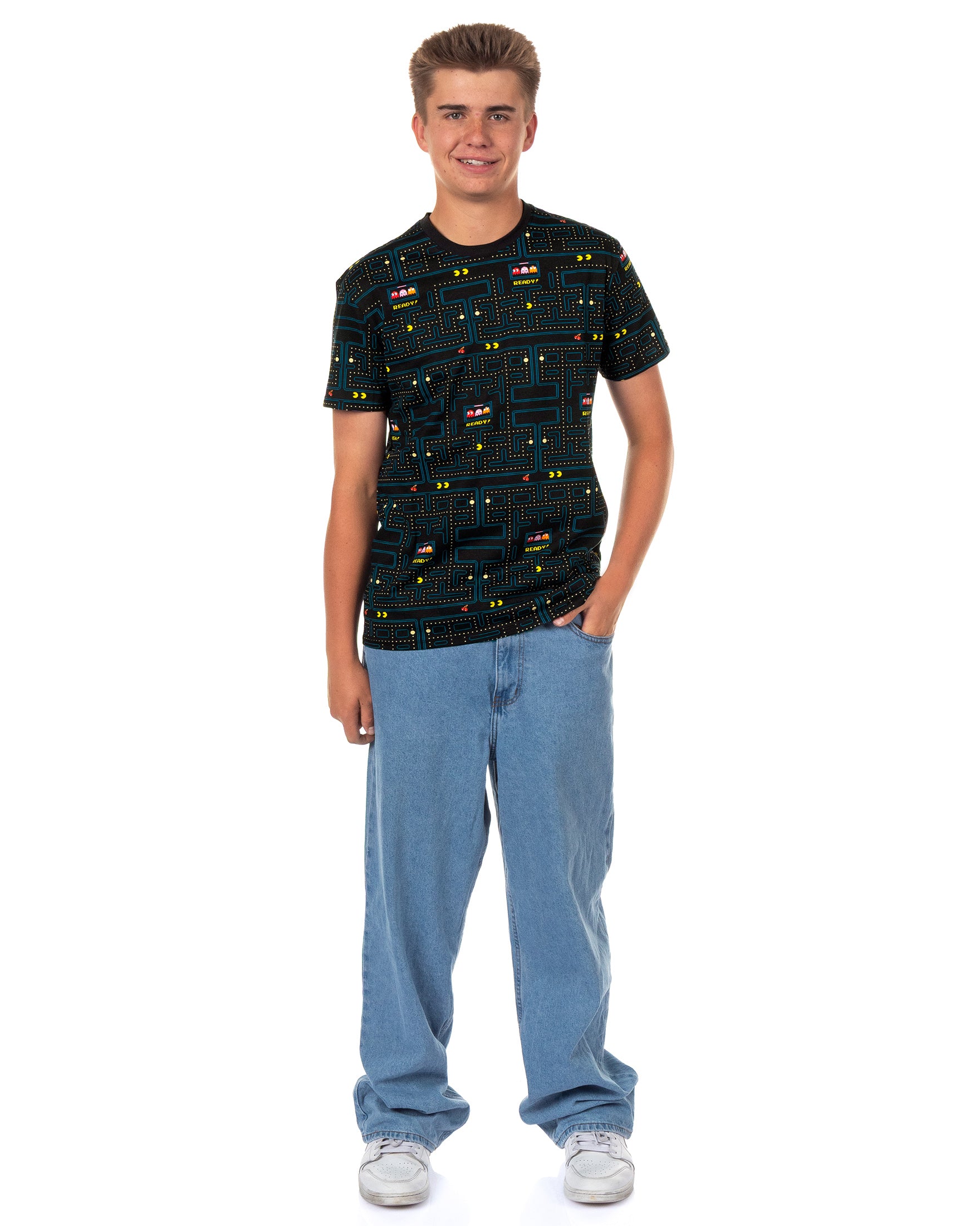 Pac-Man Men's Graphic T-Shirt Classic Arcade Video Game Board AOP Crew Neck