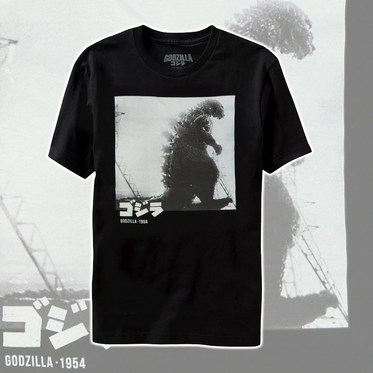 Godzilla T-Shirt Men's Black and White Photo 1954 Design Short Sleeve Tee