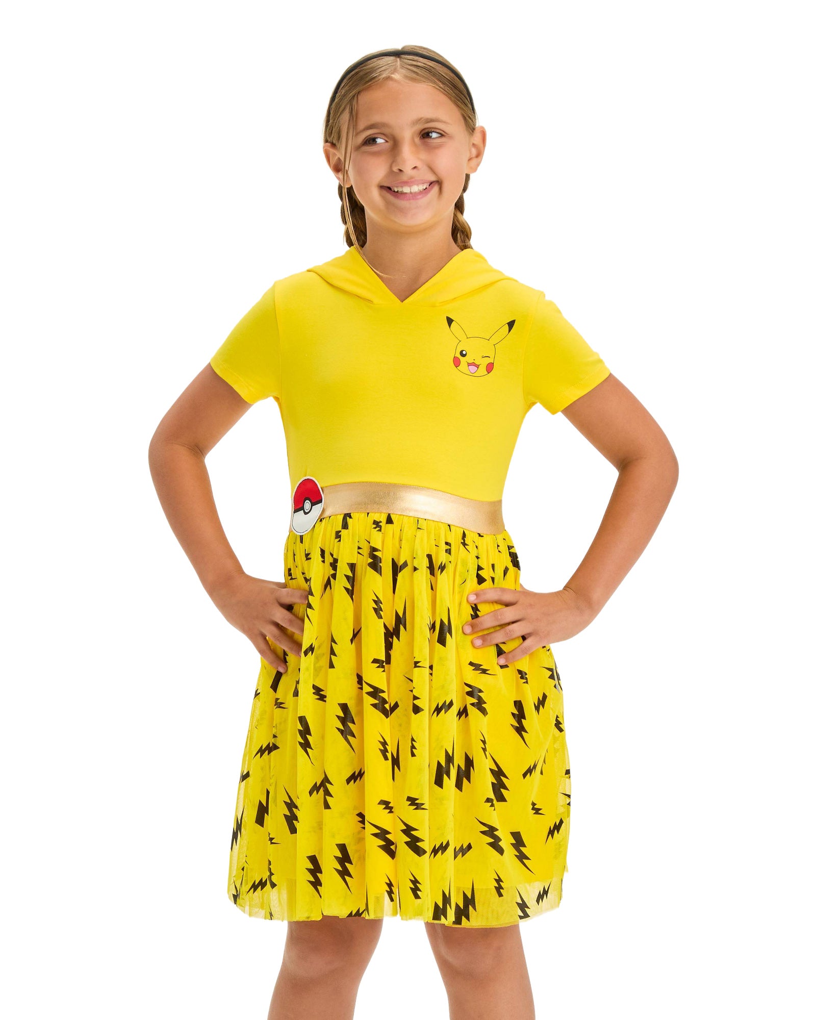 Pokemon Pikachu Girl's Hooded 3D Ears Short Sleeve Tulle Dress