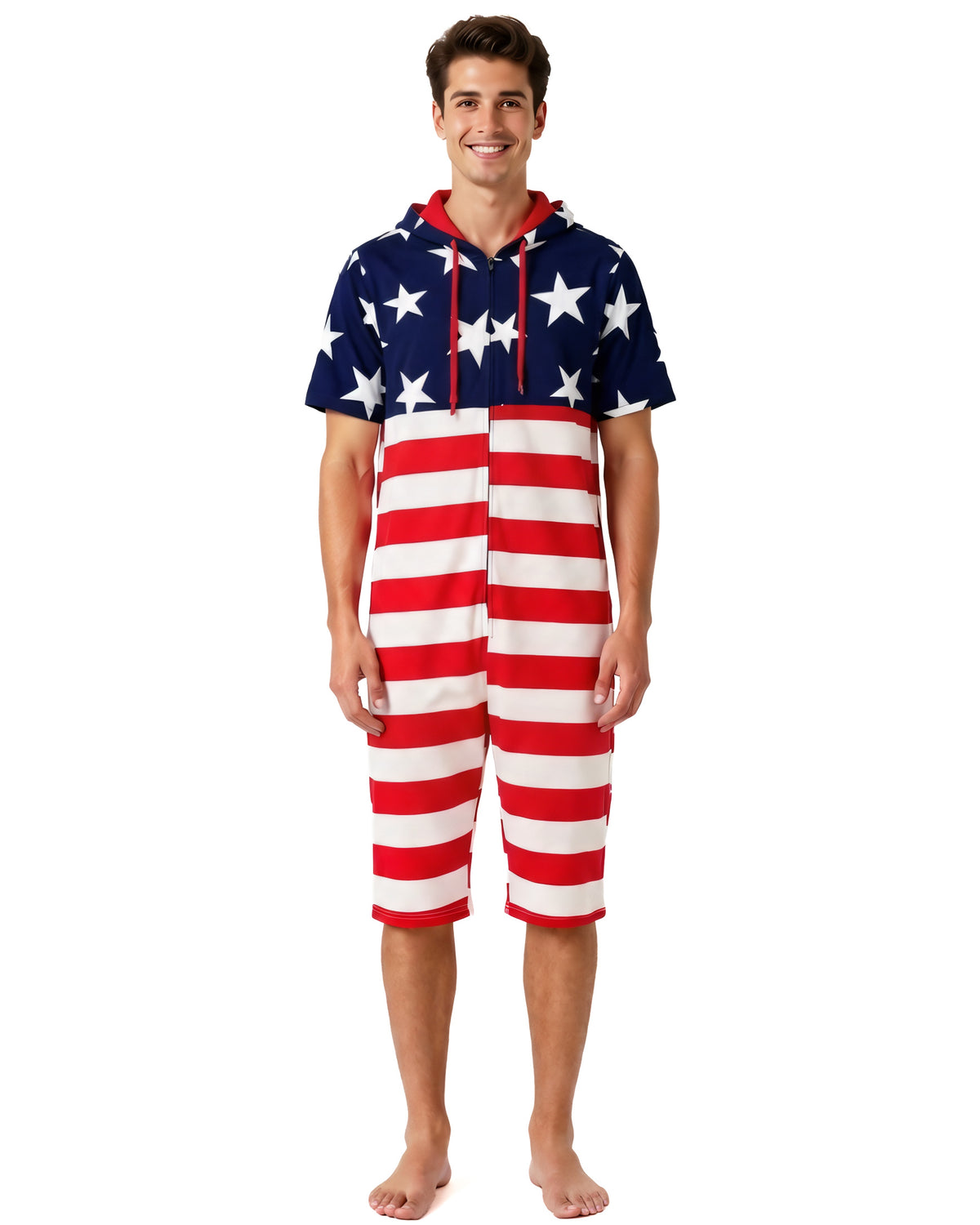 American Flag Men's USA Romper Zip Up Hooded Short Sleeve Jumpsuit