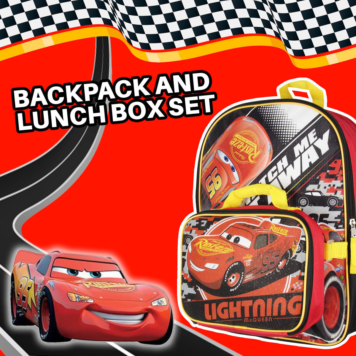 Disney Cars Lightning McQueen 16" Backpack and Lunch Box Set For School Travel