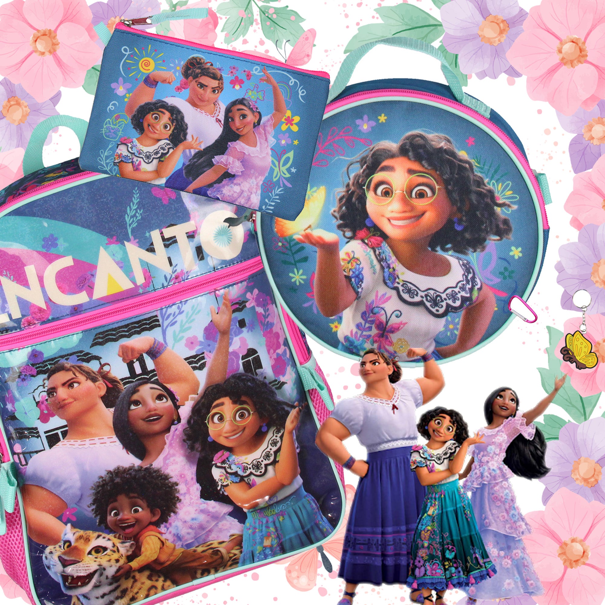 Disney Encanto 5 Pc Backpack Set Lunch Box Pencil Case Keychain and Carabiner 16"