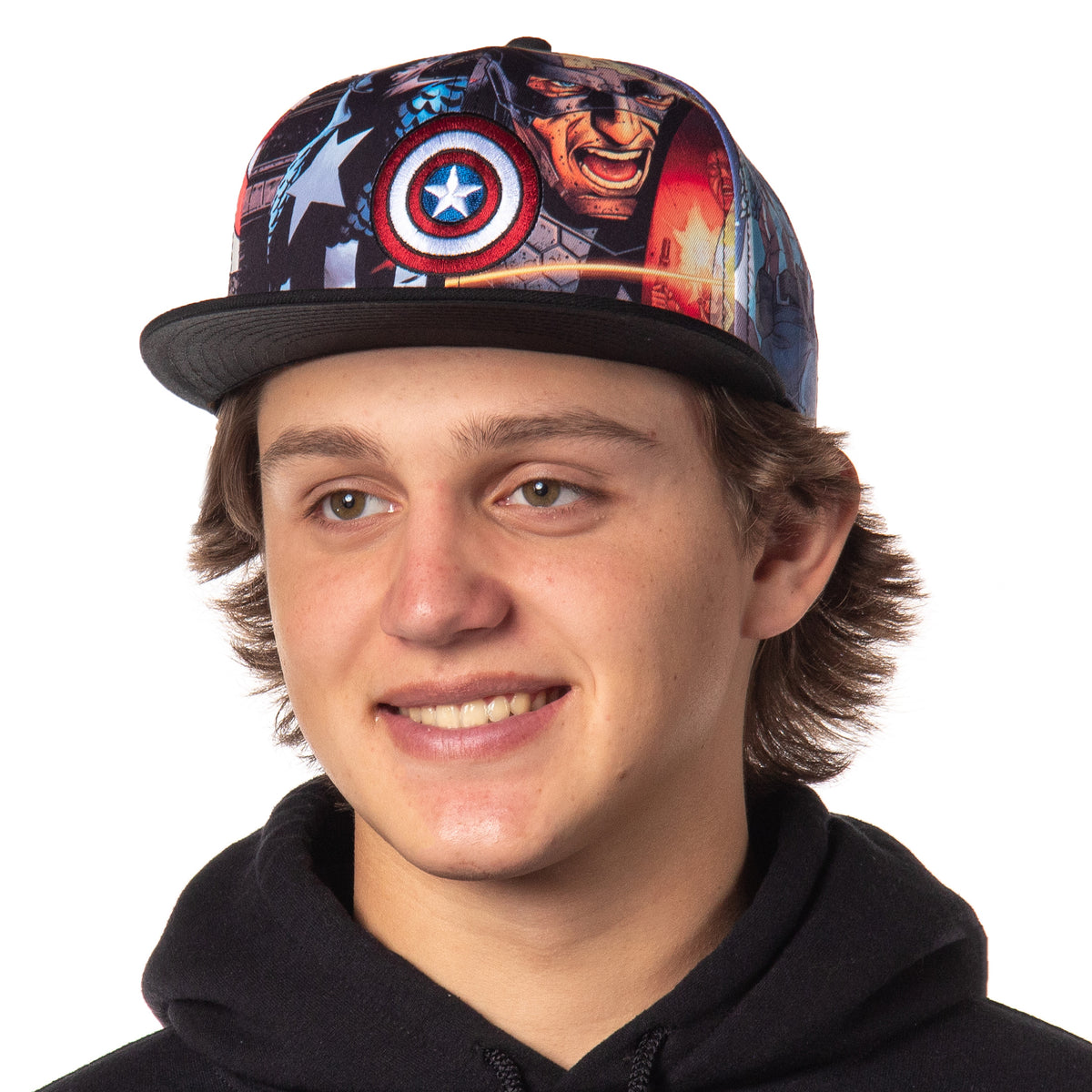 Marvel Comics Captain America Shield Adjustable Baseball Cap Allover Sublimated Scene Design Adult Snapback Hat OSFM