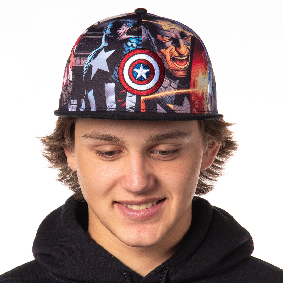 Marvel Comics Captain America Shield Adjustable Baseball Cap Allover Sublimated Scene Design Adult Snapback Hat OSFM