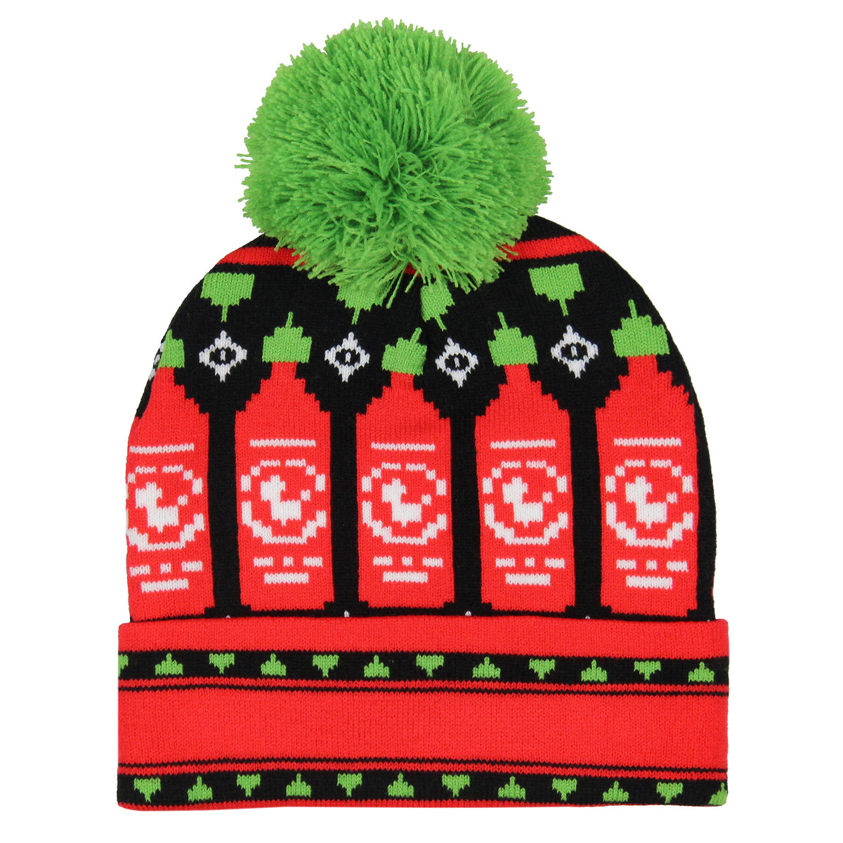 Sriracha Hot Chili Sauce Holiday Sriracha Bottles Rib Knit Pom Pom Cuffed Beanie