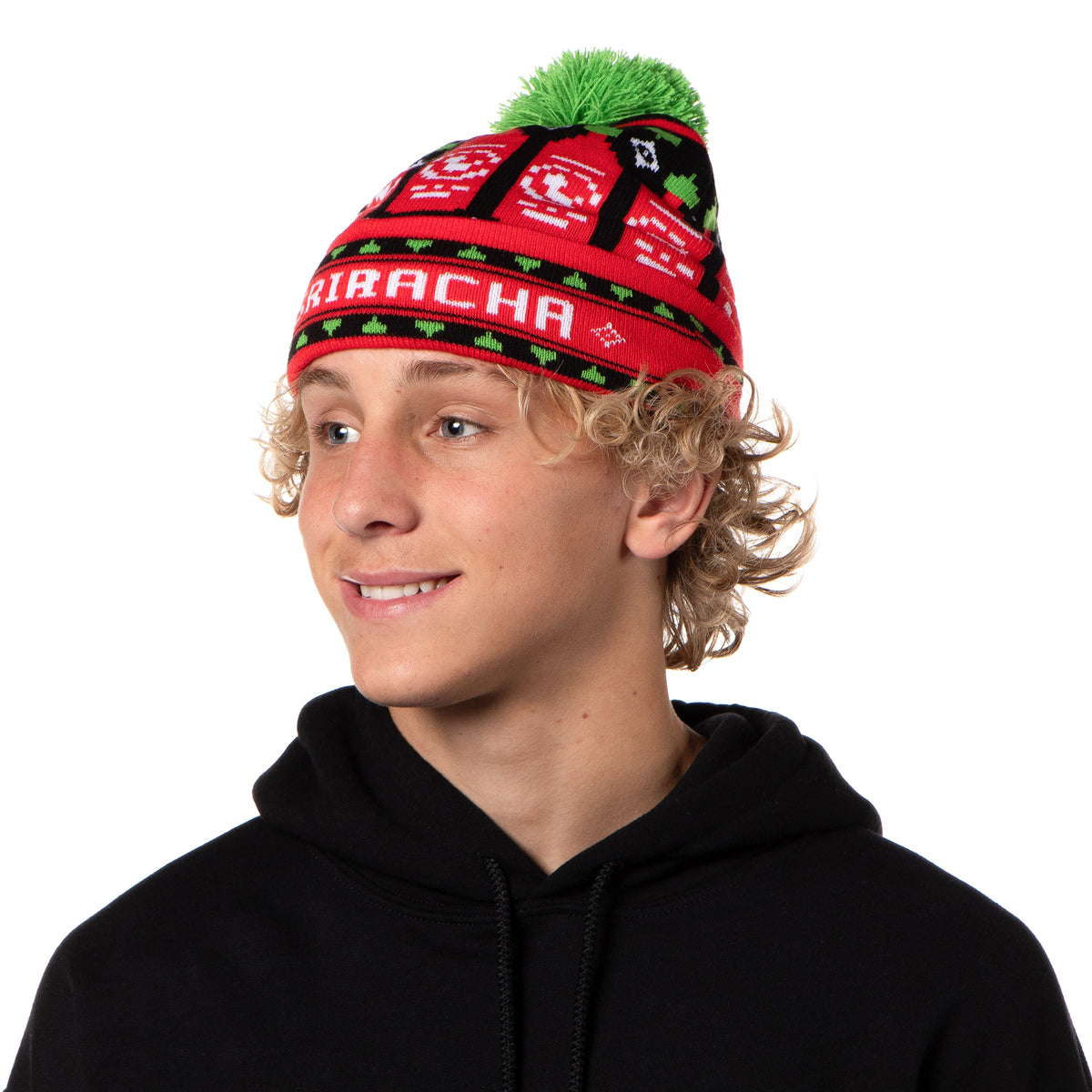 Sriracha Hot Chili Sauce Holiday Sriracha Bottles Rib Knit Pom Pom Cuffed Beanie