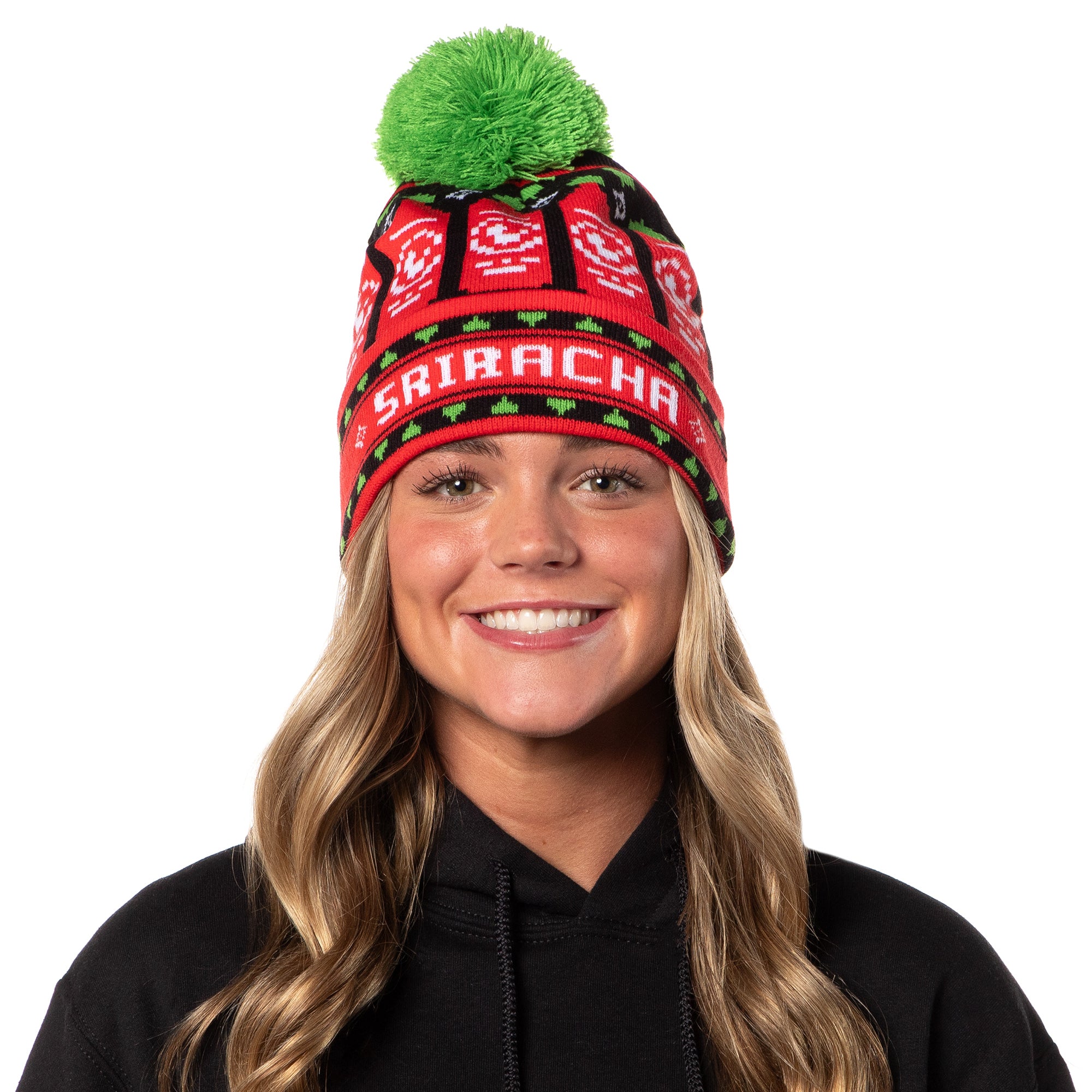 Sriracha Hot Chili Sauce Holiday Sriracha Bottles Rib Knit Pom Pom Cuffed Beanie