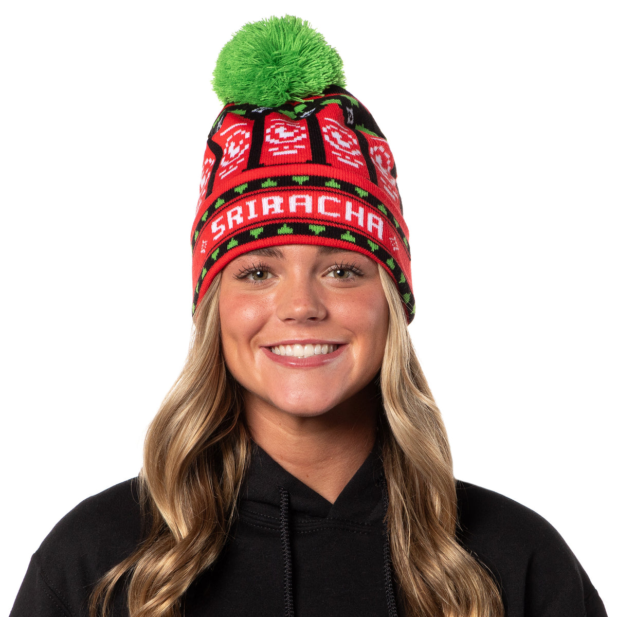 Sriracha Hot Chili Sauce Holiday Sriracha Bottles Rib Knit Pom Pom Cuffed Beanie