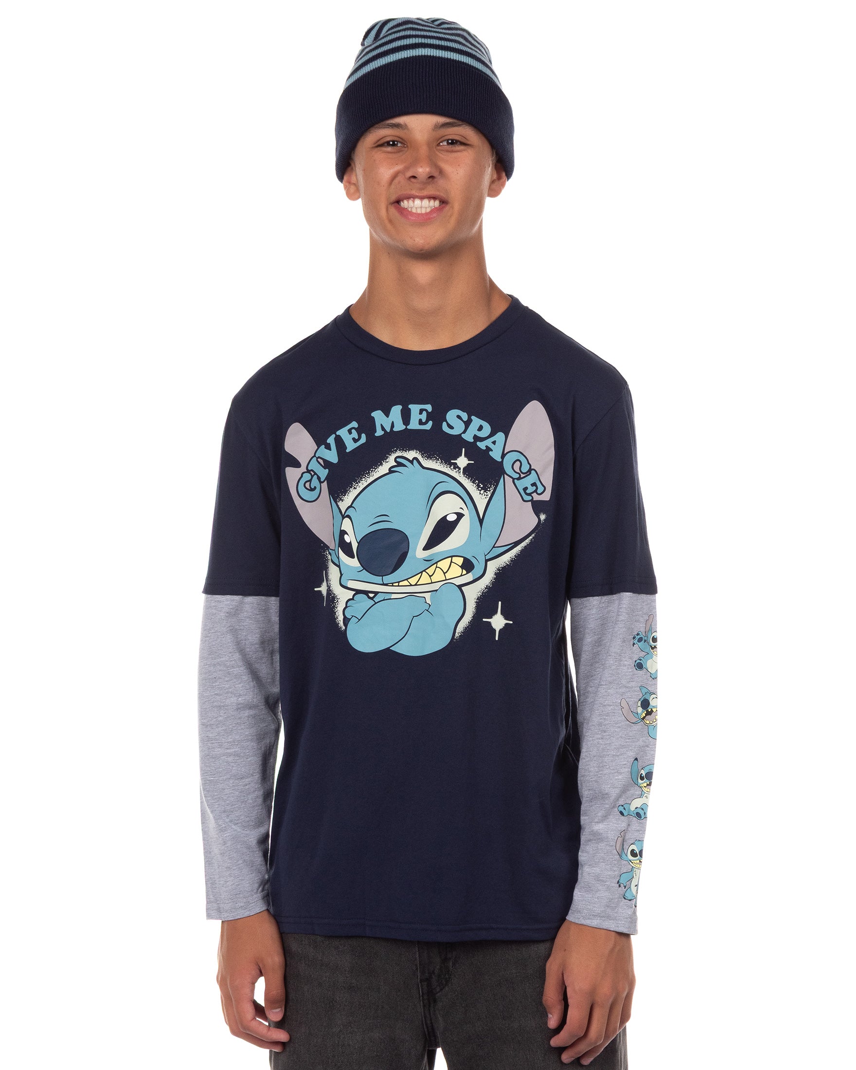 Disney Stitch Men's Faux Long Sleeve Shirt And Beanie Give Me Space