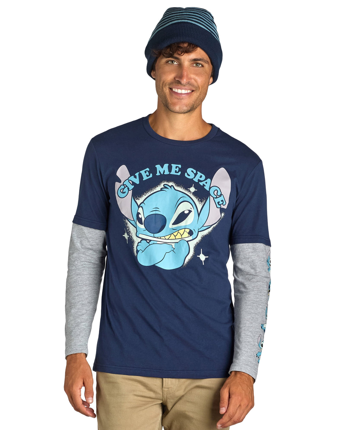 Disney Stitch Men's Faux Long Sleeve Shirt And Beanie Give Me Space