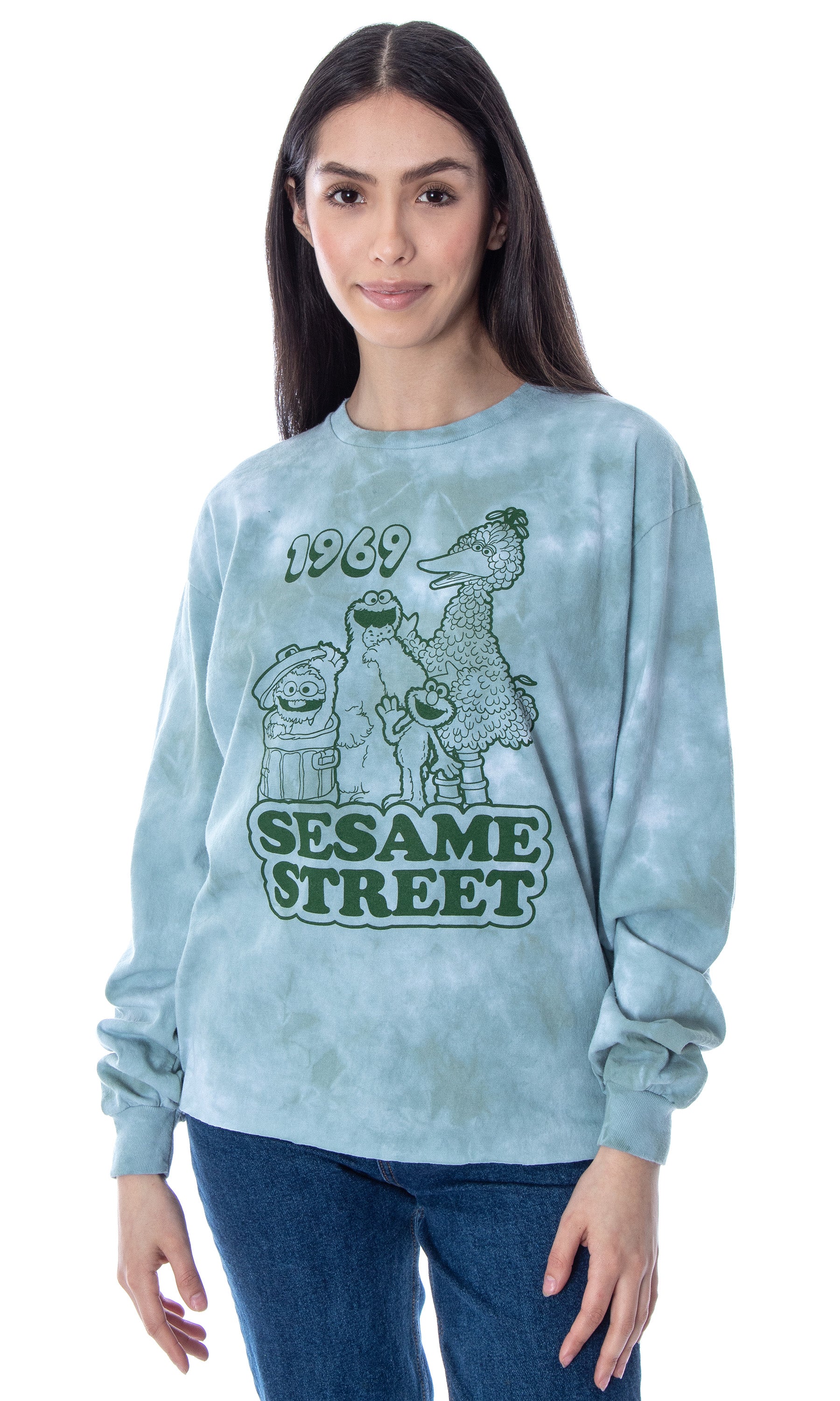 Sesame Street Women's 1969 Character Group Tie-Dye Raw Edge Skimmer T-Shirt