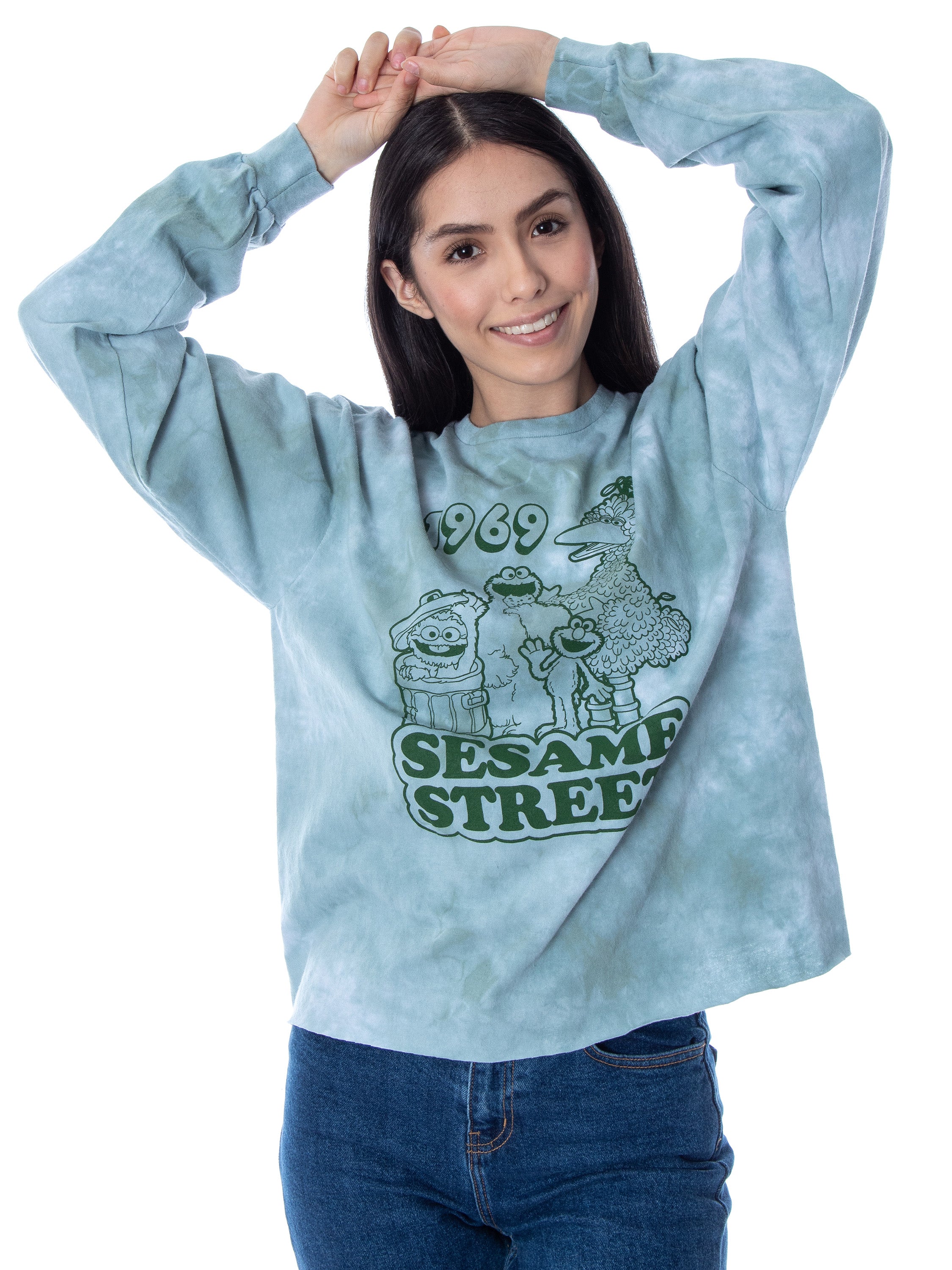 Sesame Street Women's 1969 Character Group Tie-Dye Raw Edge Skimmer T-Shirt
