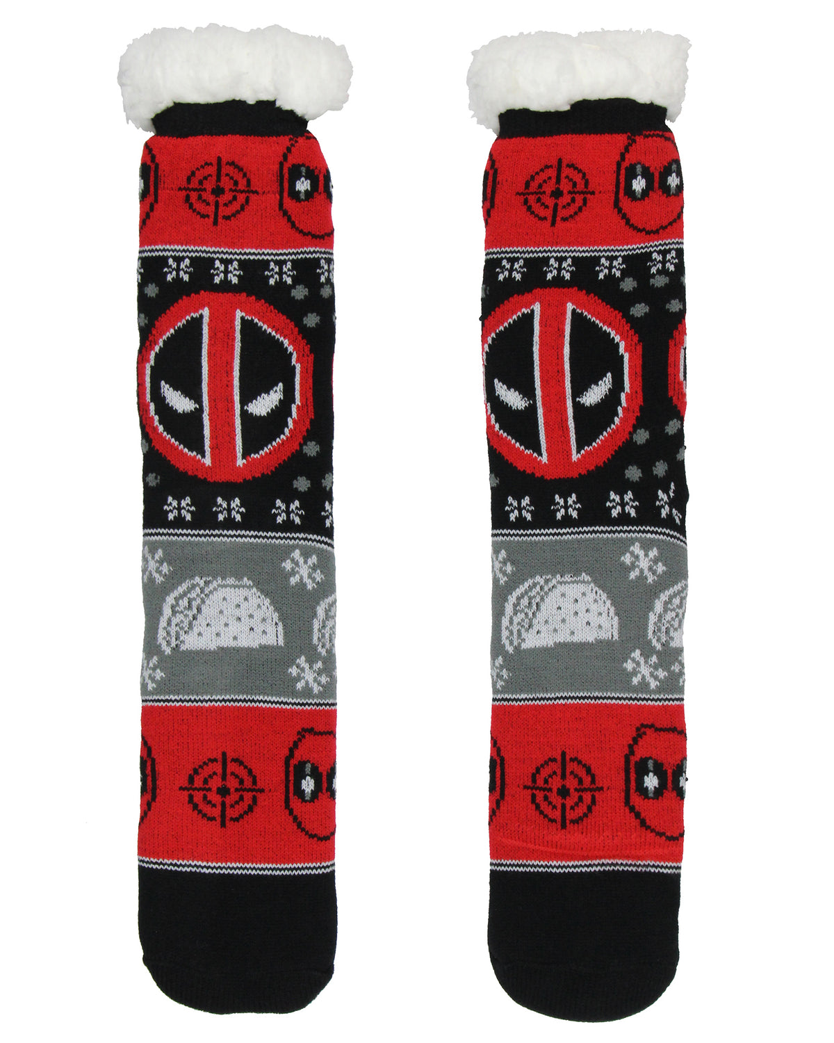 Marvel Comics Deadpool Men's Ugly Sweater for Christmas pattern Knit Fuzzy Slipper Socks
