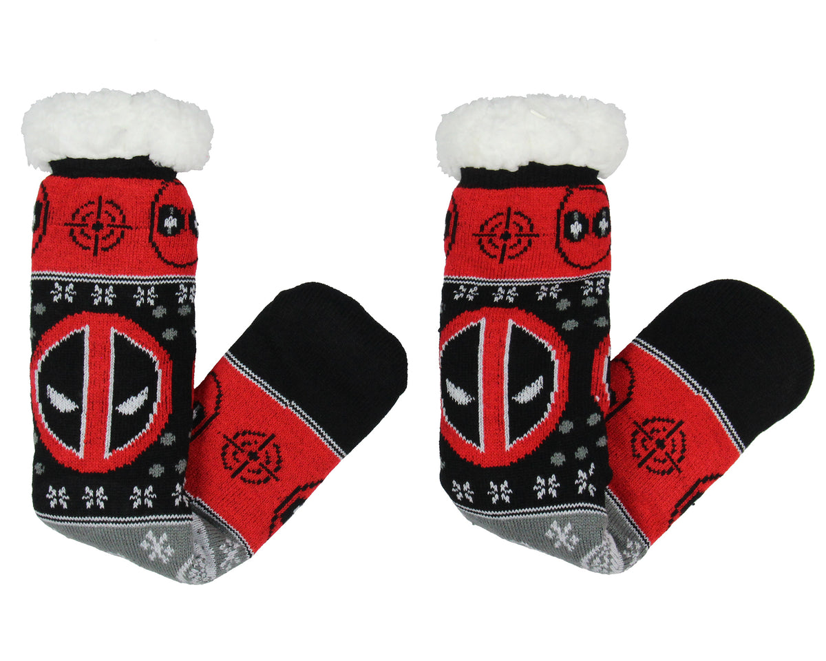 Marvel Comics Deadpool Men's Ugly Sweater for Christmas pattern Knit Fuzzy Slipper Socks