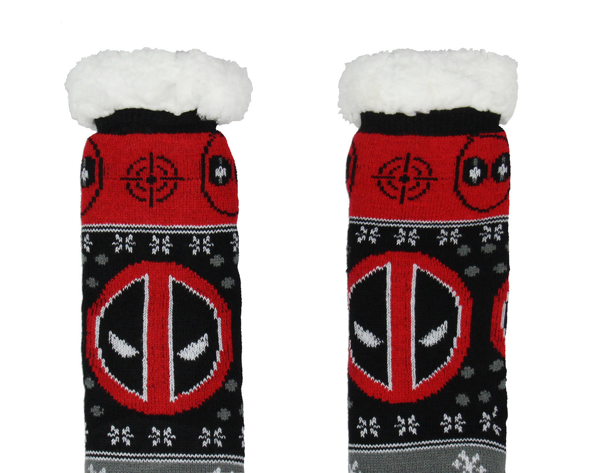 Marvel Comics Deadpool Men's Ugly Sweater for Christmas pattern Knit Fuzzy Slipper Socks