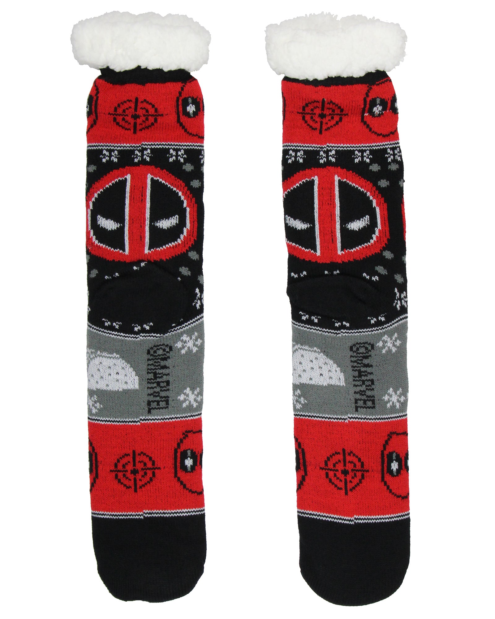 Marvel Comics Deadpool Men's Ugly Sweater for Christmas pattern Knit Fuzzy Slipper Socks