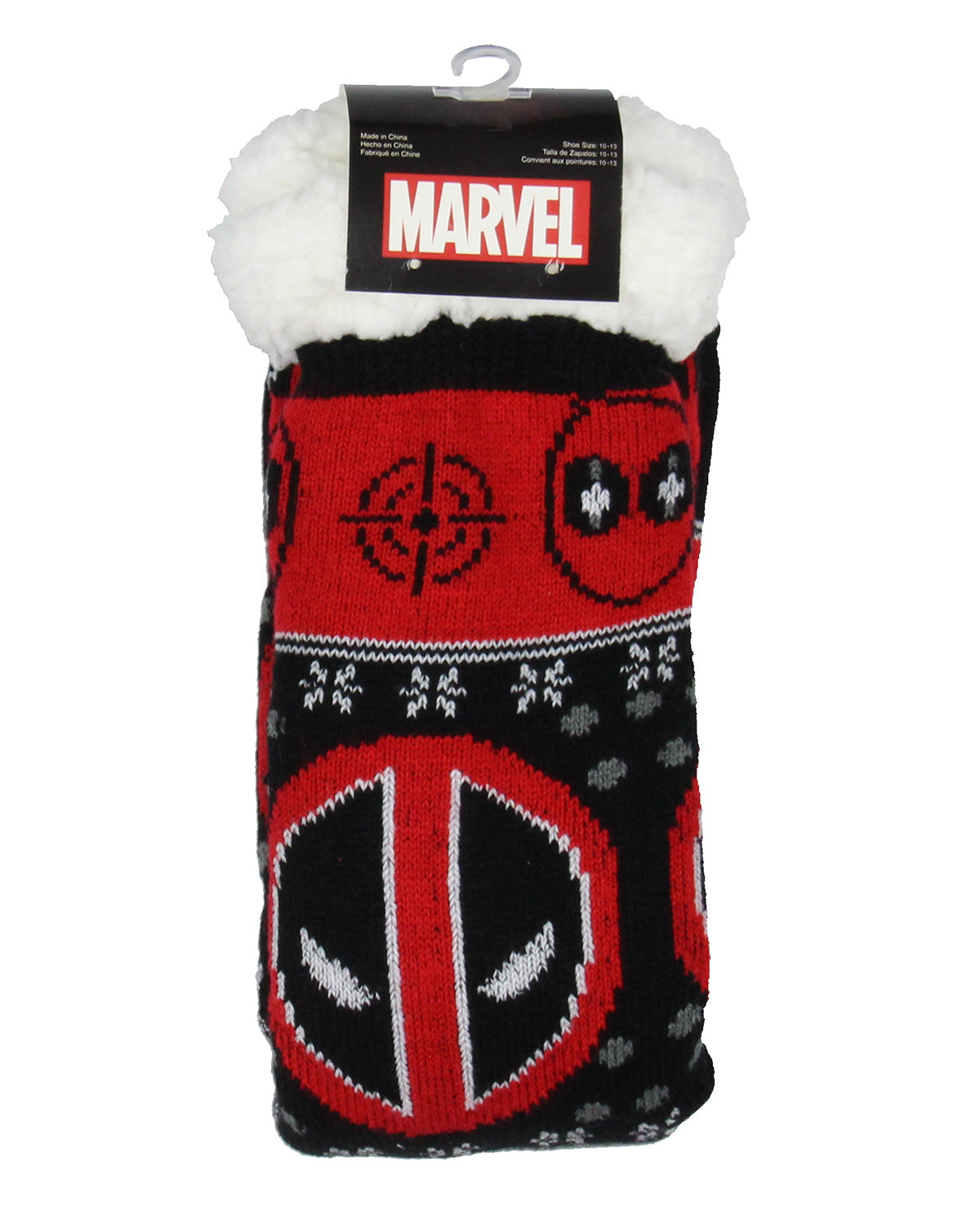 Marvel Comics Deadpool Men's Ugly Sweater for Christmas pattern Knit Fuzzy Slipper Socks