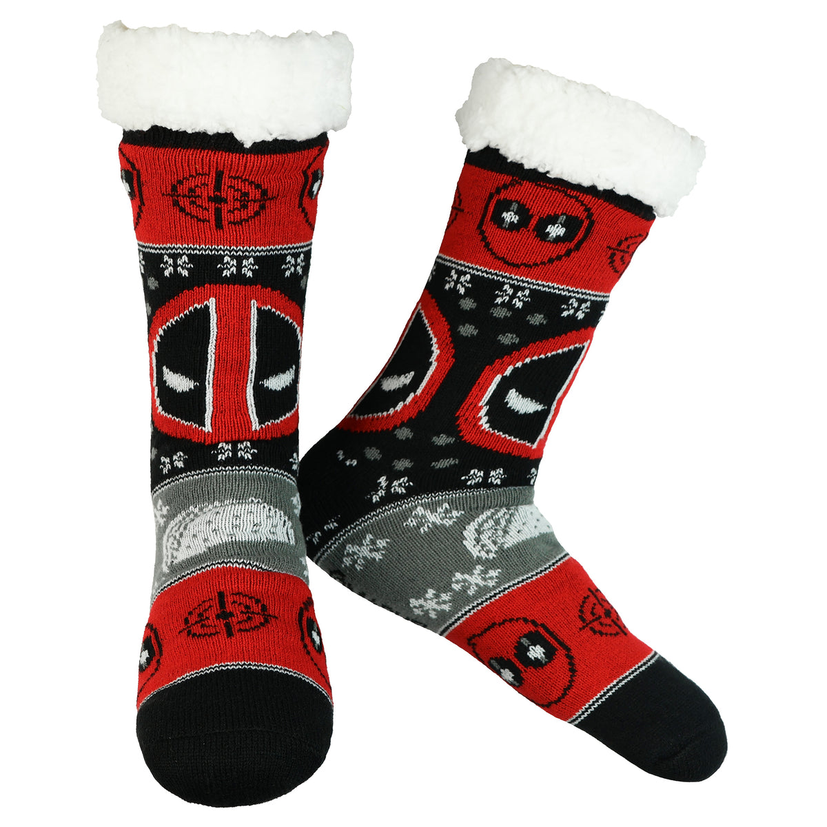 Marvel Comics Deadpool Men's Ugly Sweater for Christmas pattern Knit Fuzzy Slipper Socks