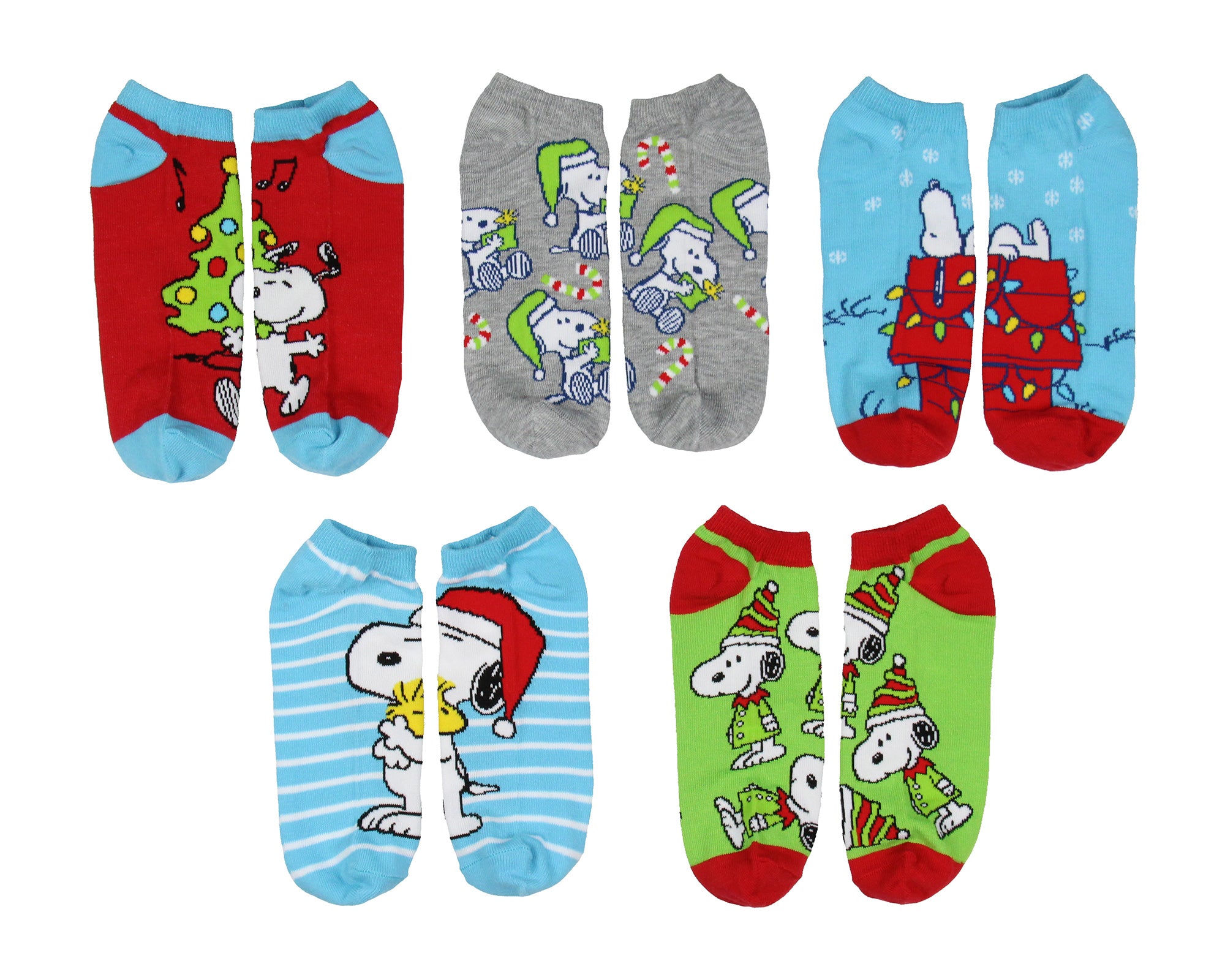 Peanuts Snoopy Women's Holiday Inspired 5 Pk No-Show Ankle Socks Shoe Size 4-10