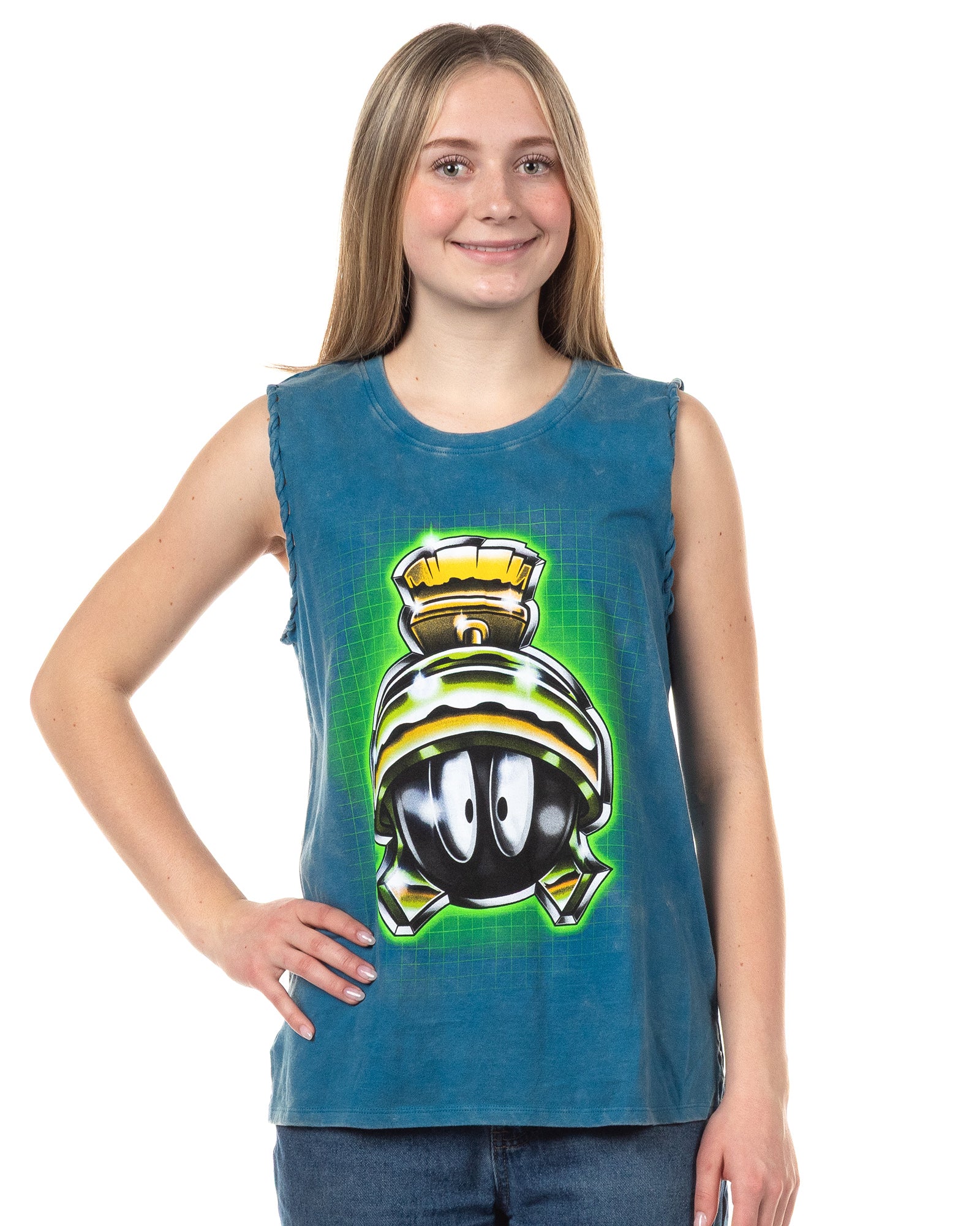 Looney Tunes Junior's Marvin The Martian Lace-Up Design Distressed Tank Adult