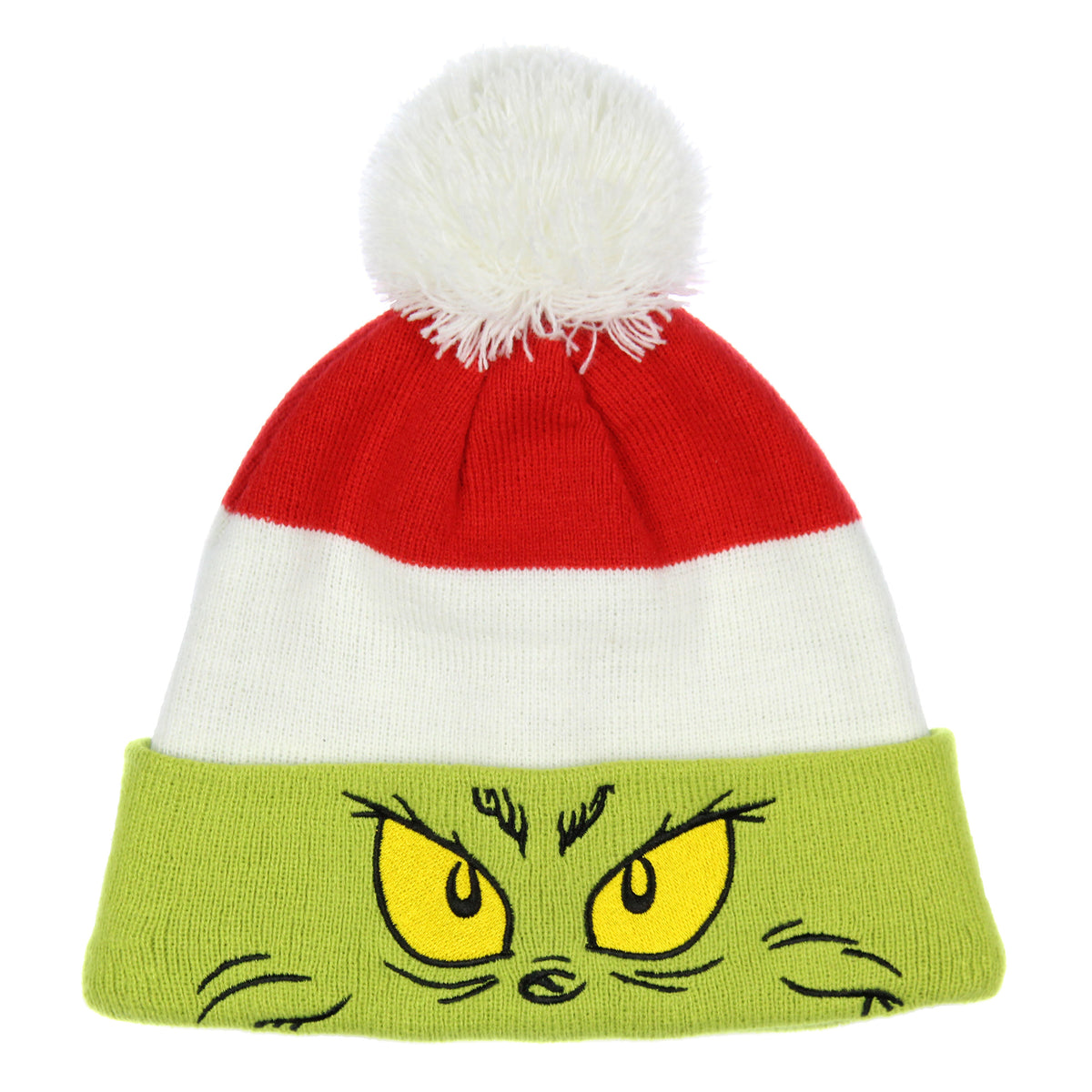 Dr. Seuss The Grinch Embroidered Face Color Block Pom Fold Cuff Knit Beanie
