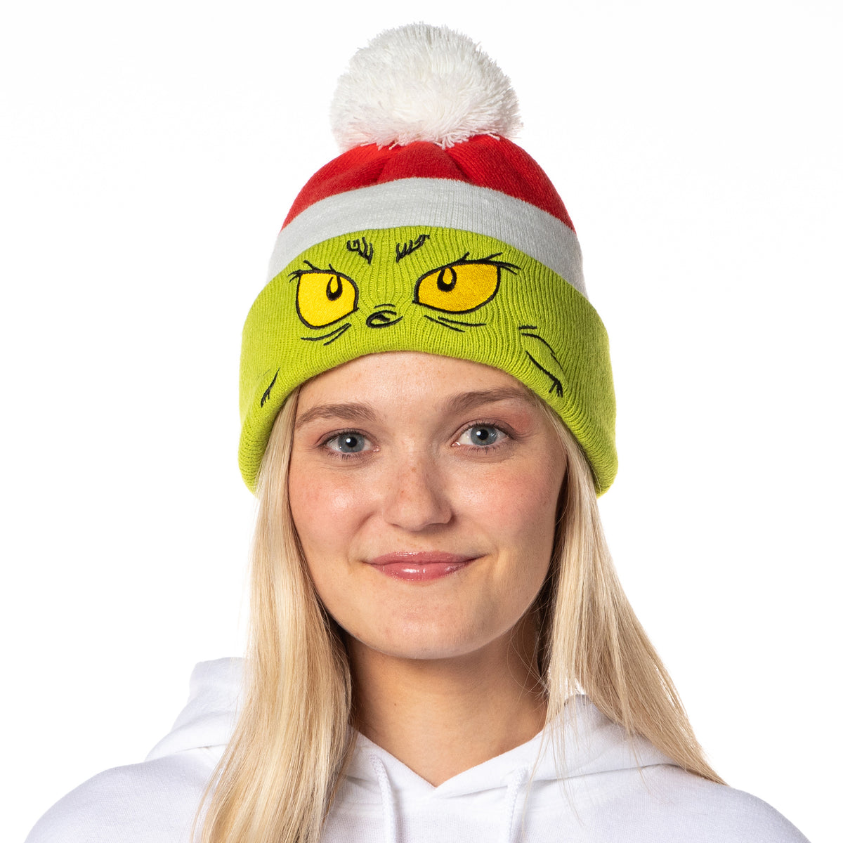 Dr. Seuss The Grinch Embroidered Face Color Block Pom Fold Cuff Knit Beanie