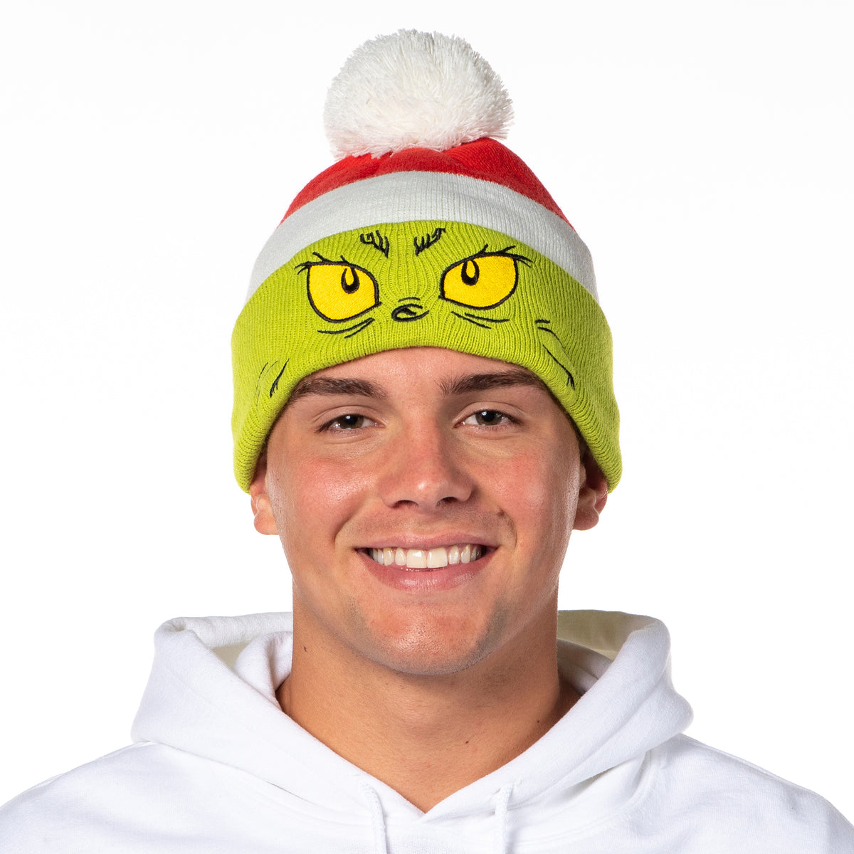 Dr. Seuss The Grinch Embroidered Face Color Block Pom Fold Cuff Knit Beanie