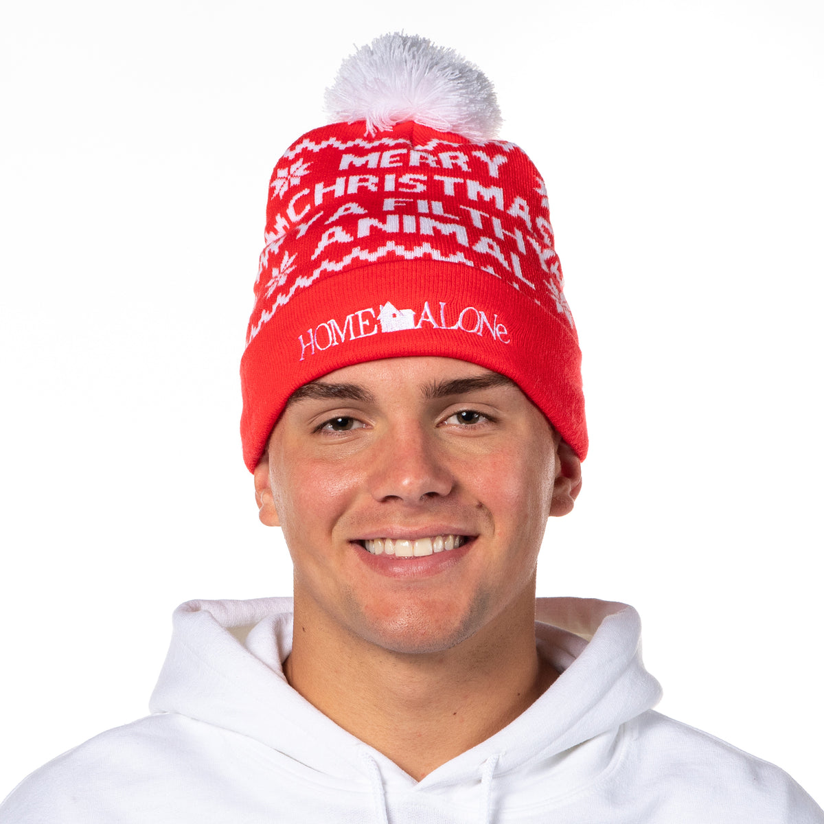 Home Alone Merry Christmas Fold Cuff Pom Knit Beanie