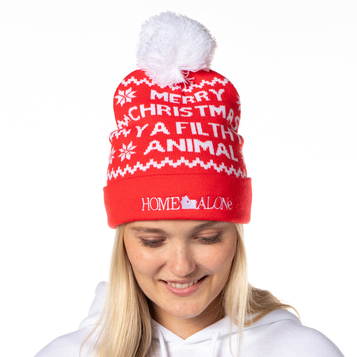 Home Alone Merry Christmas Fold Cuff Pom Knit Beanie