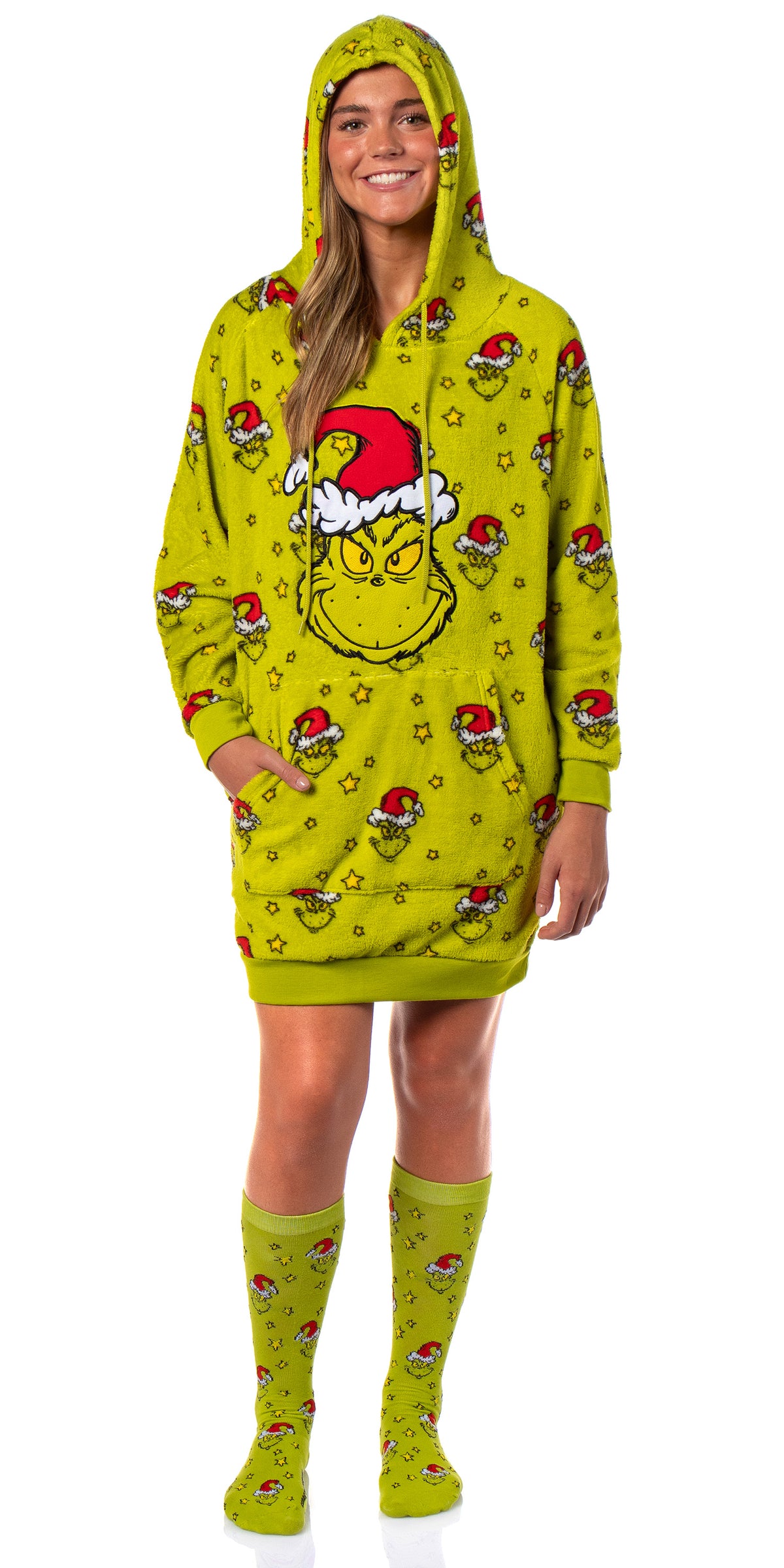Dr. Seuss The Grinch Women's Hooded Plush Fleece Pajama Dorm Sleep Shirt