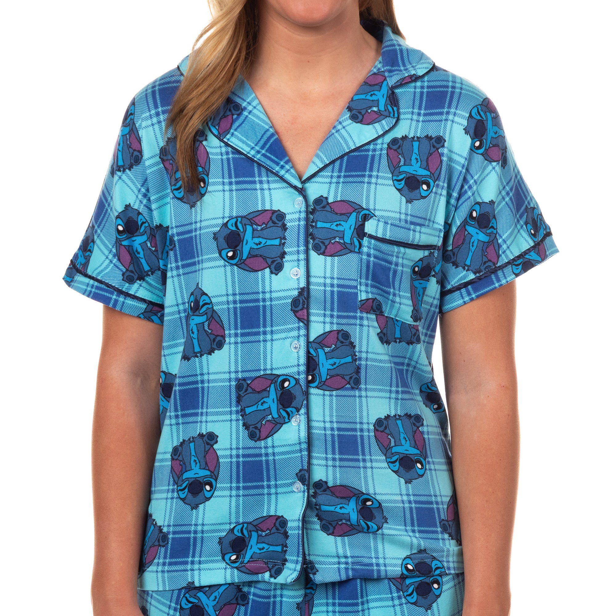 Disney Stitch Pajamas Women's Plaid All-Over Design Notch Collar Sleep Set