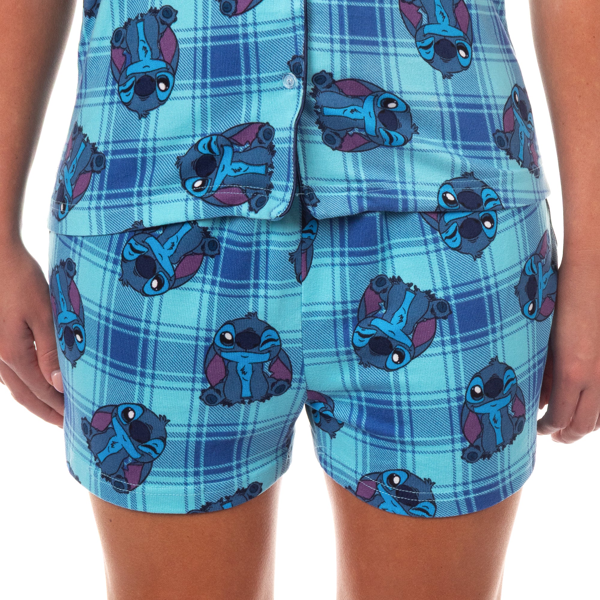 Disney Stitch Pajamas Women's Plaid All-Over Design Notch Collar Sleep Set