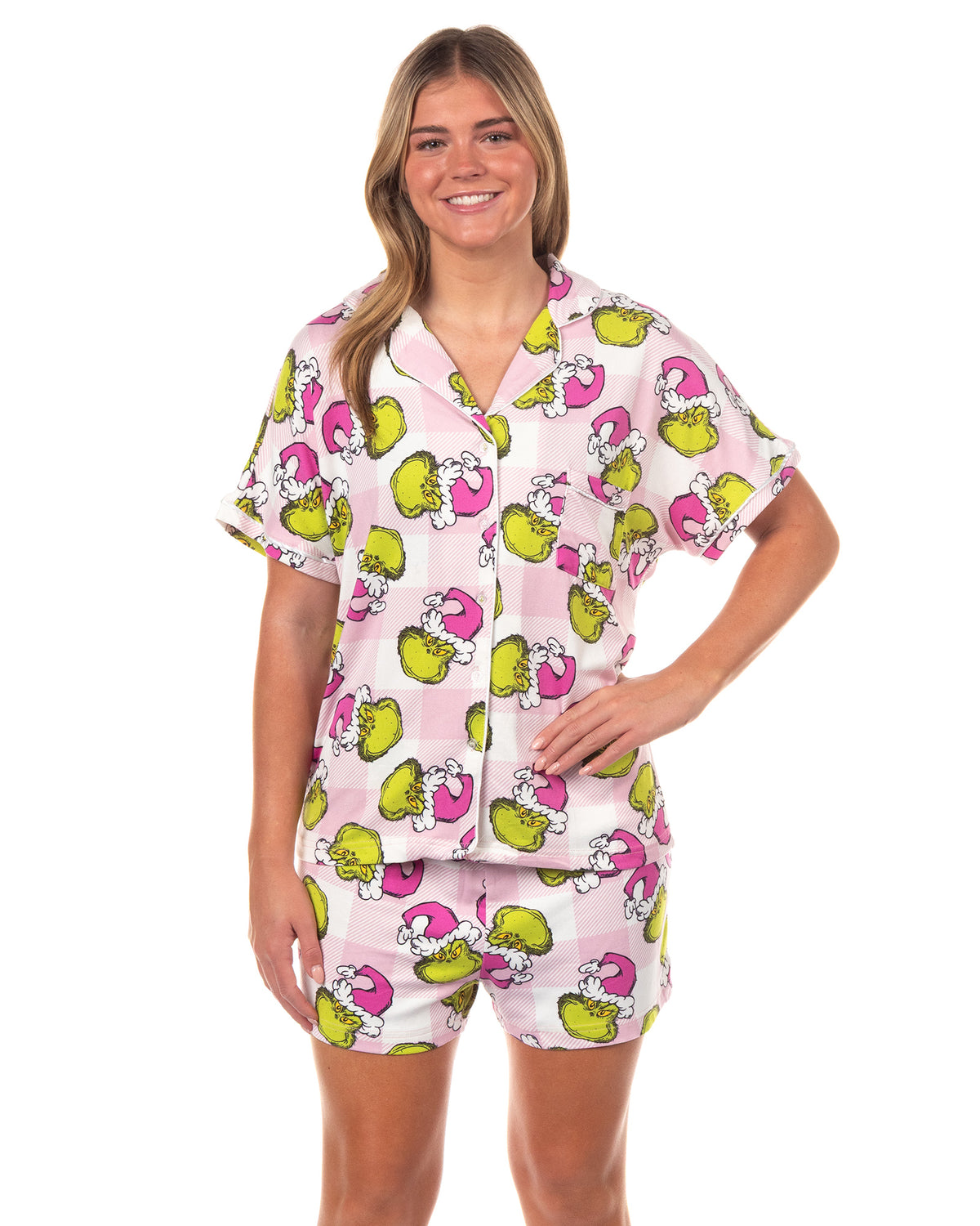 Dr. Seuss The Grinch Santa Pink Plaid Notch Collar Short 2-Piece Sleep Set