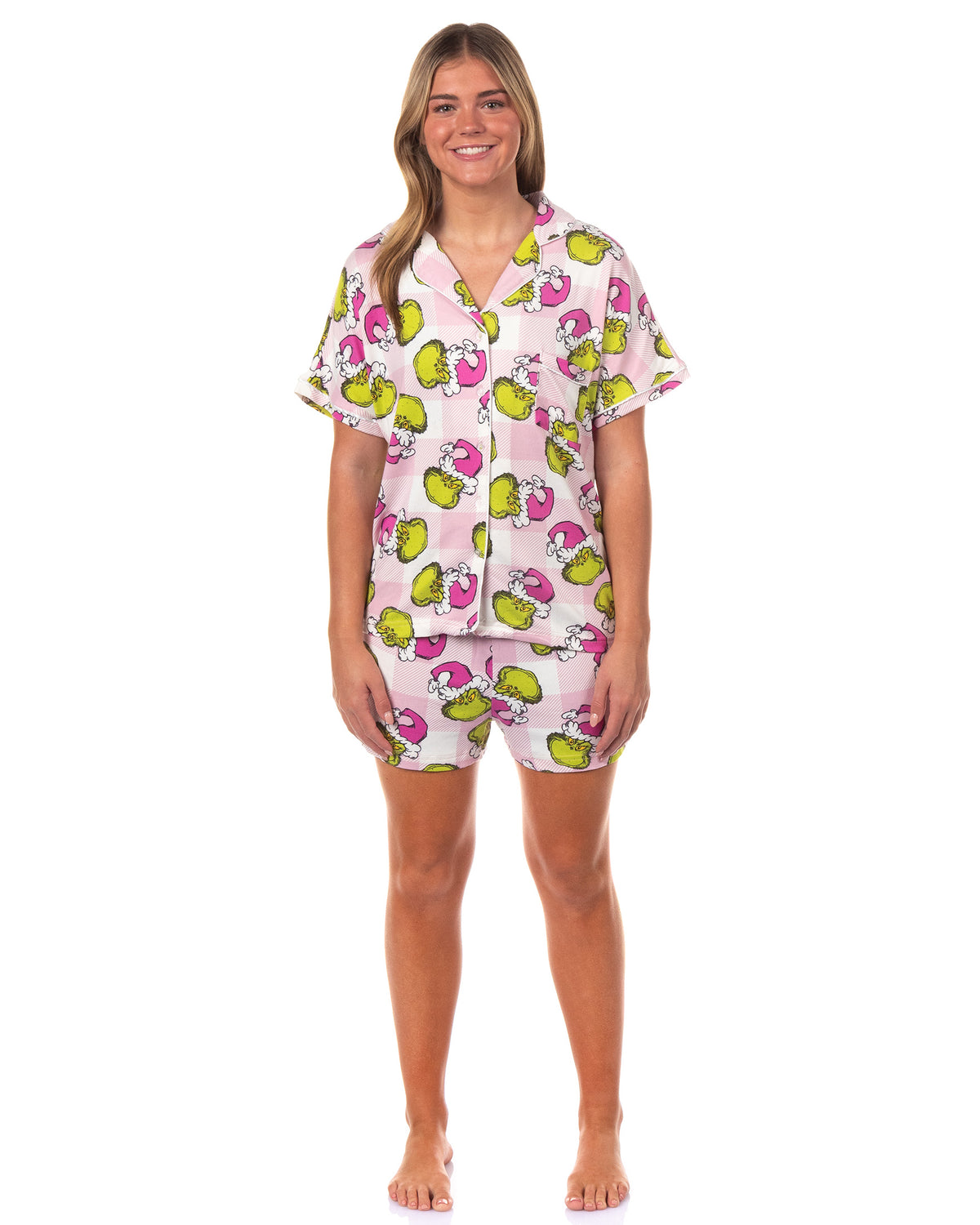 Dr. Seuss The Grinch Santa Pink Plaid Notch Collar Short 2-Piece Sleep Set