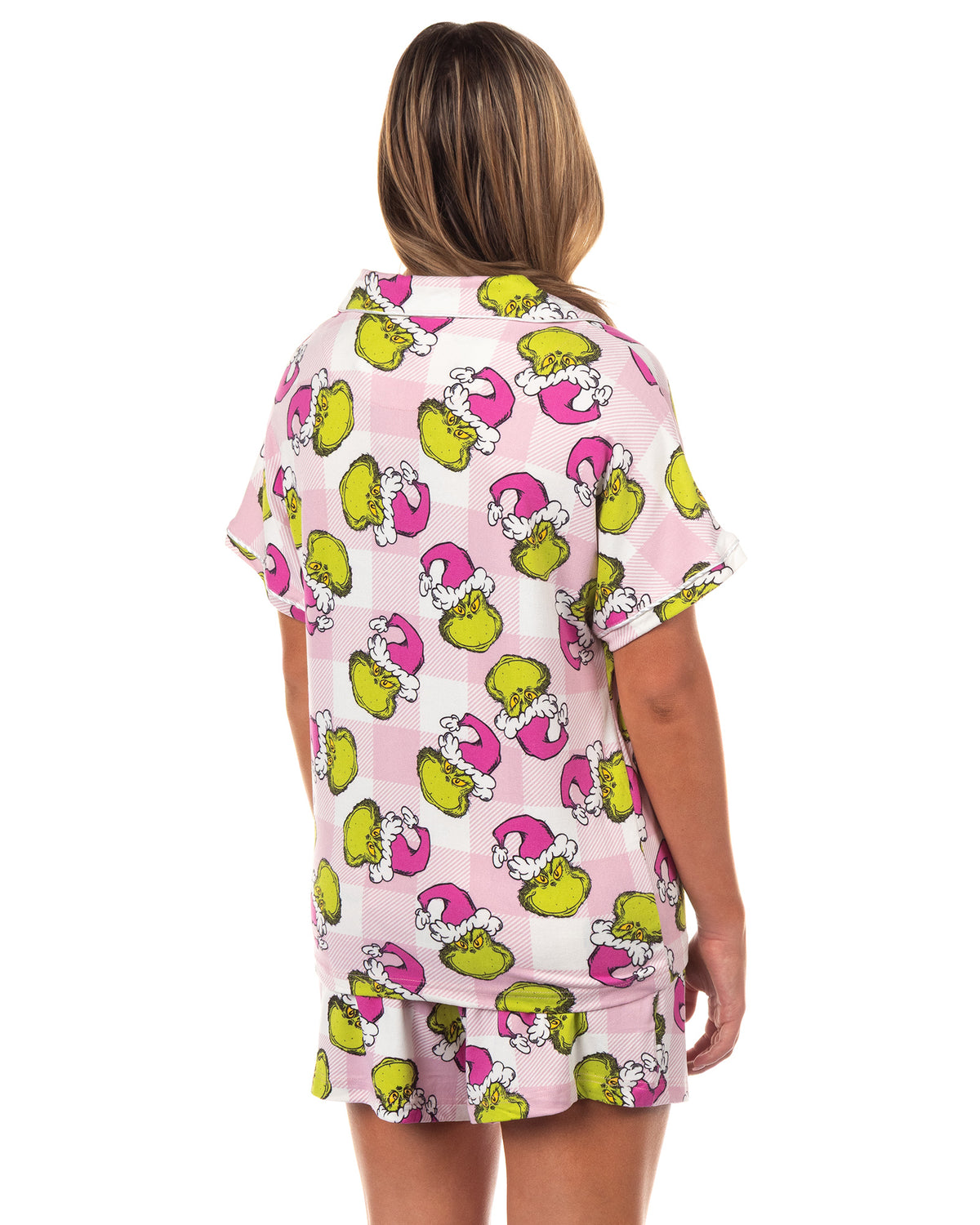 Dr. Seuss The Grinch Santa Pink Plaid Notch Collar Short 2-Piece Sleep Set