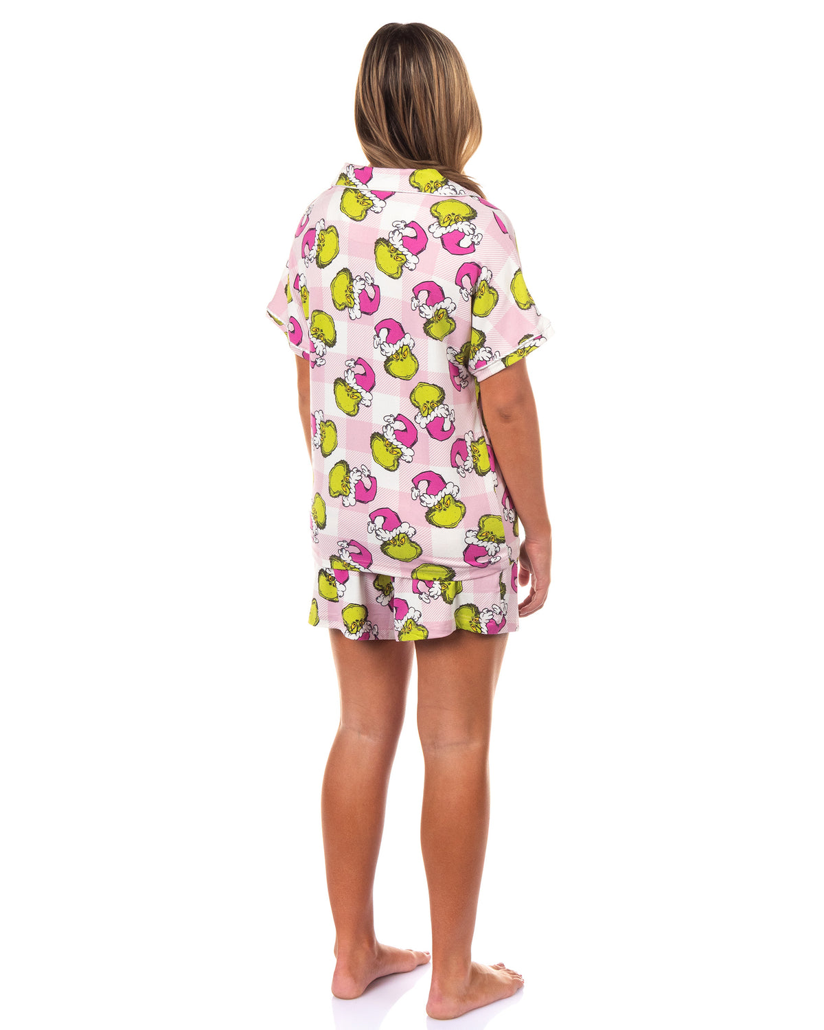Dr. Seuss The Grinch Santa Pink Plaid Notch Collar Short 2-Piece Sleep Set