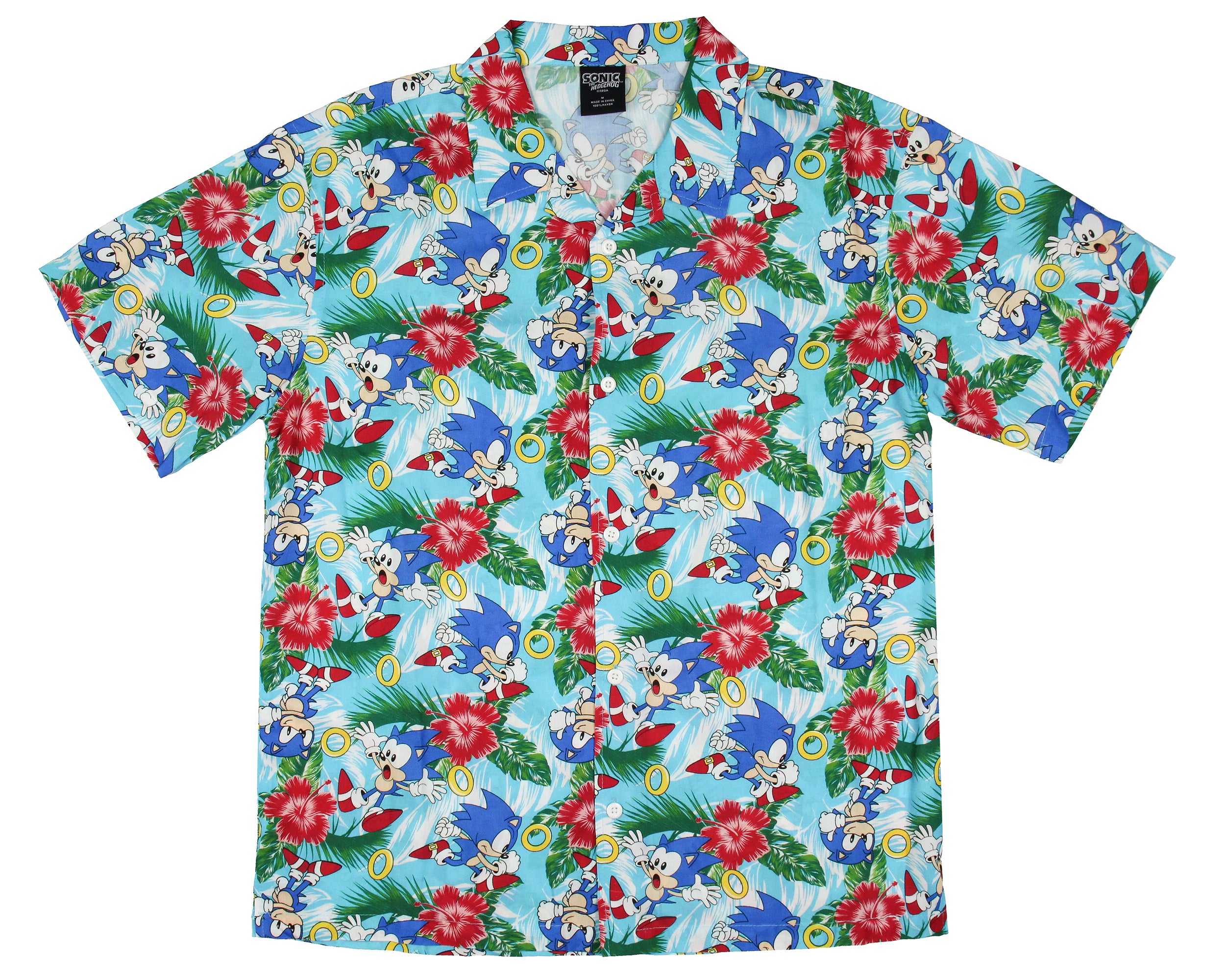 Sonic the Hedgehog Men's Hawaiian Floral Character Button-Up Woven Shirt