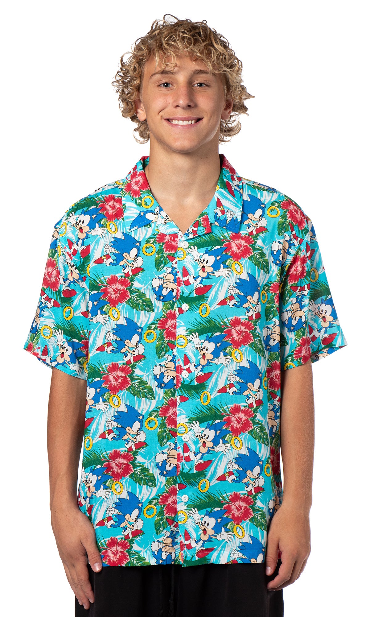 Sonic the Hedgehog Men's Hawaiian Floral Character Button-Up Woven Shirt